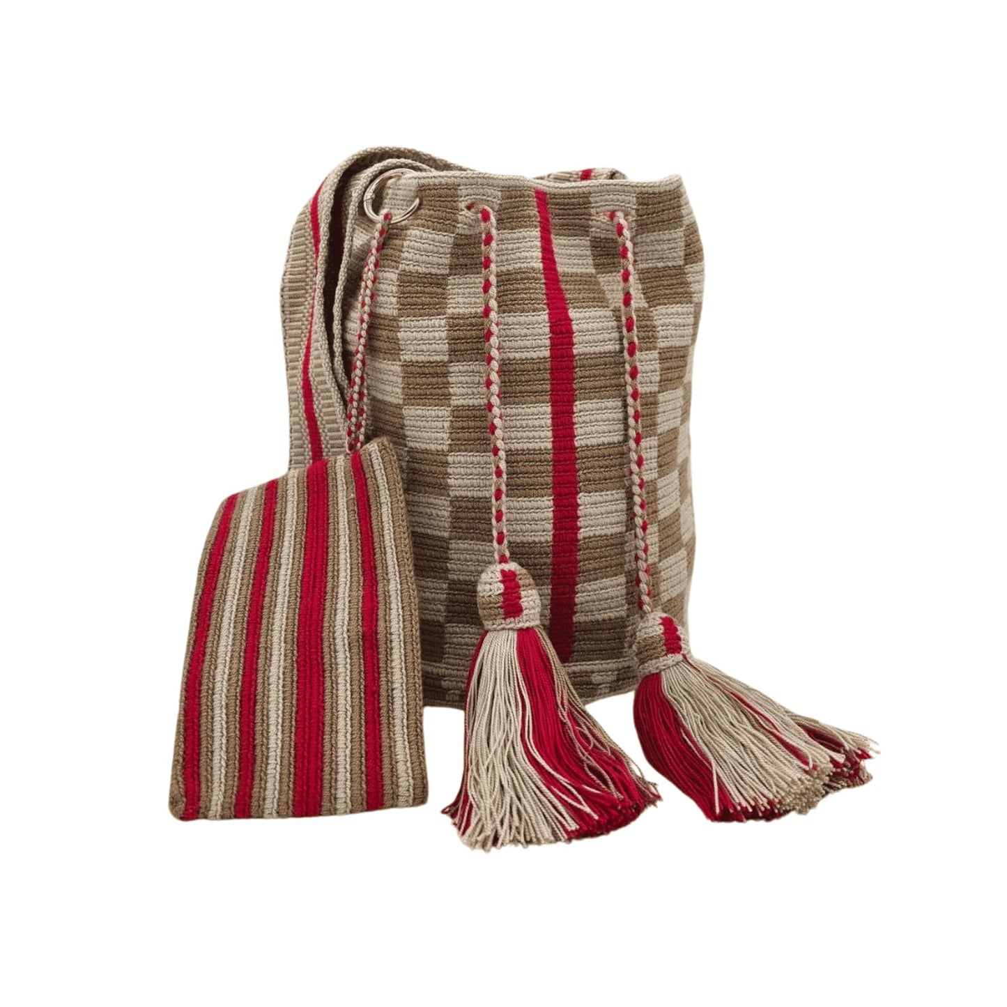 Handcrafted Wayuu mochila bag with vibrant colors and intricate design, showcasing the artistry and cultural heritage of the Wayuu community in Colombia.