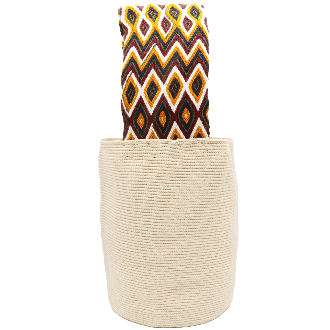 Handmade beige Afet crochet purse with an earthy colored wide strap, crafted by skilled Wayuu artisans.