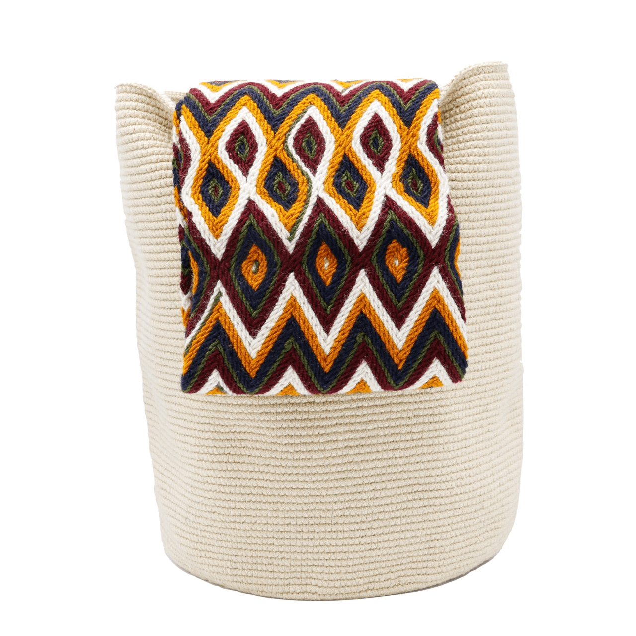 Handmade beige Afet crochet purse with an earthy colored wide strap, crafted by skilled Wayuu artisans.