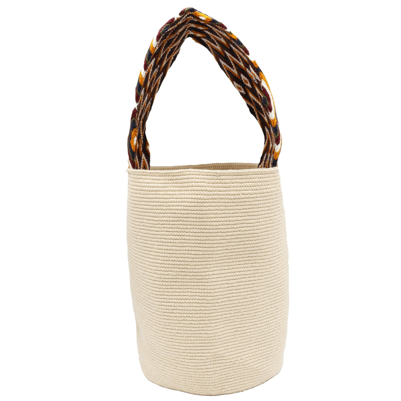 Handmade beige Afet crochet purse with an earthy colored wide strap, crafted by skilled Wayuu artisans.