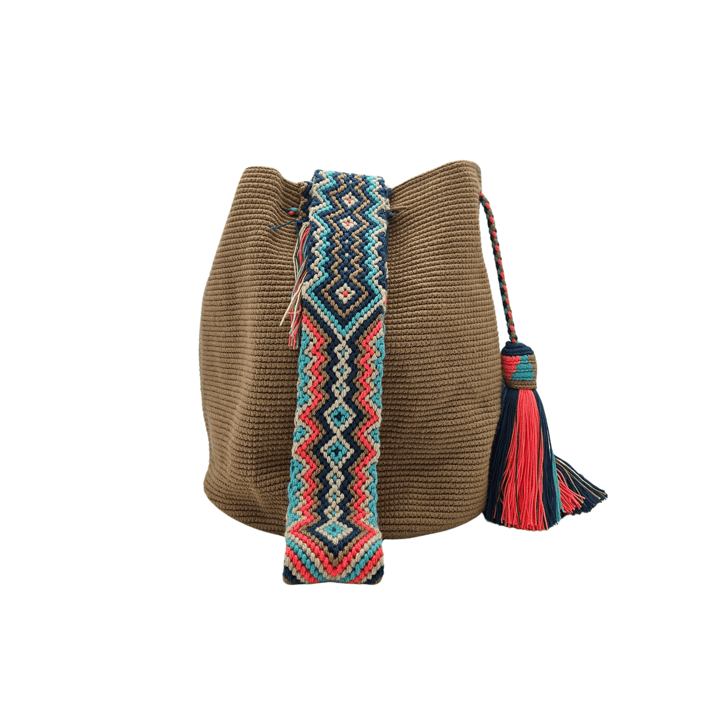 Handwoven Wayuu bag in earthy brown with a vibrant multicolor strap and tassels in shades of turquoise, red, and beige. A unique artisan piece from Colombia.