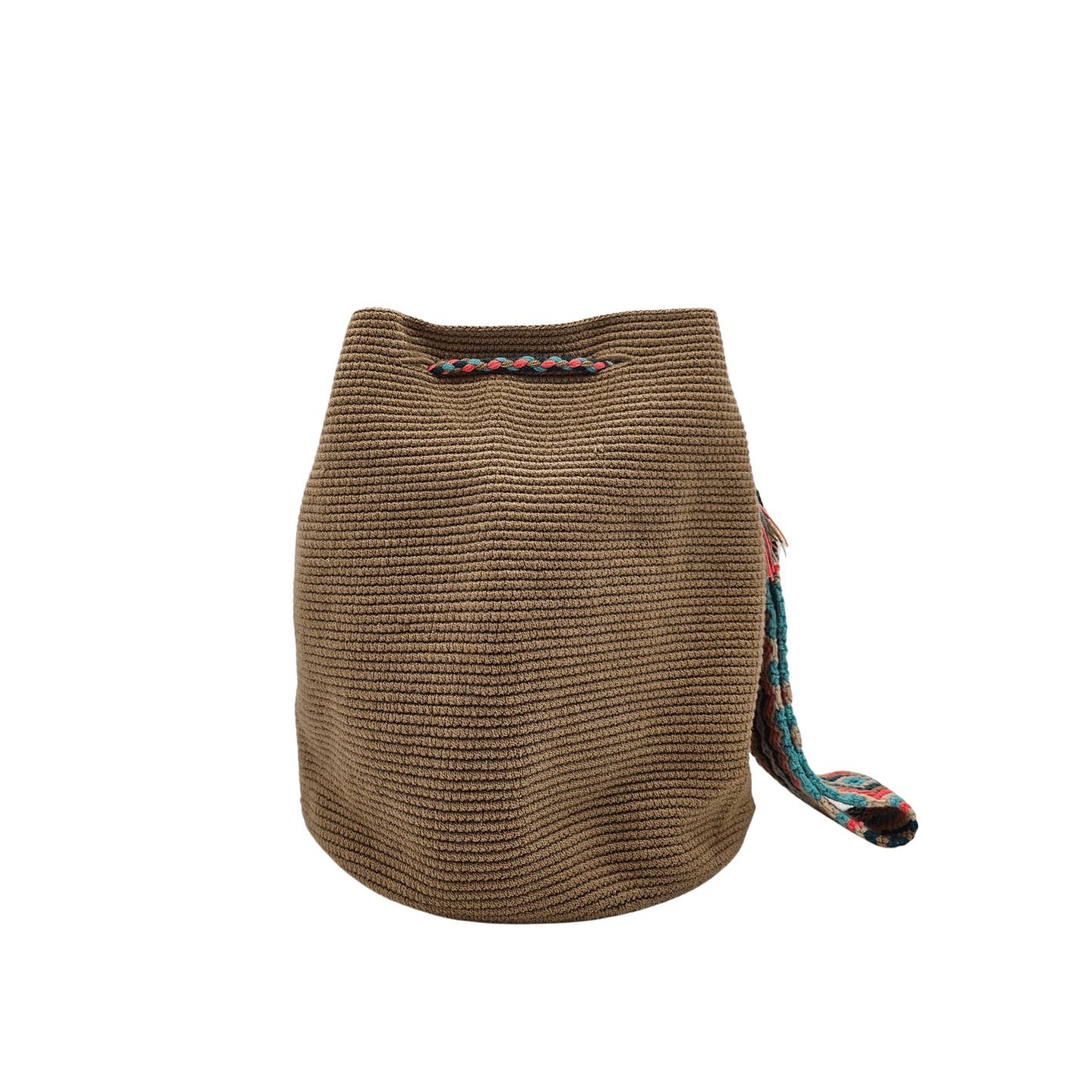 Handwoven Wayuu bag in earthy brown with a vibrant multicolor strap and tassels in shades of turquoise, red, and beige. A unique artisan piece from Colombia.