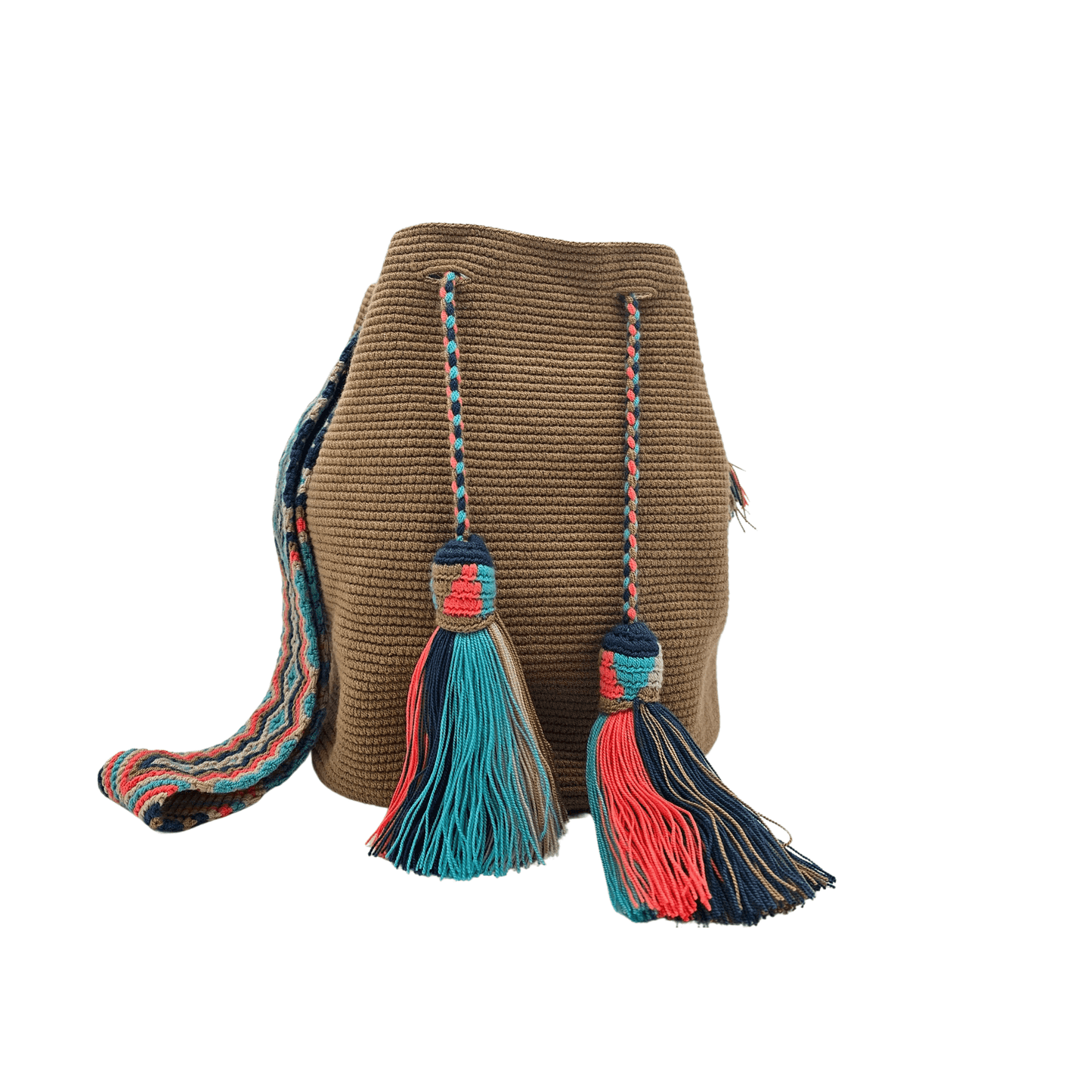 Handwoven Wayuu bag in earthy brown with a vibrant multicolor strap and tassels in shades of turquoise, red, and beige. A unique artisan piece from Colombia.