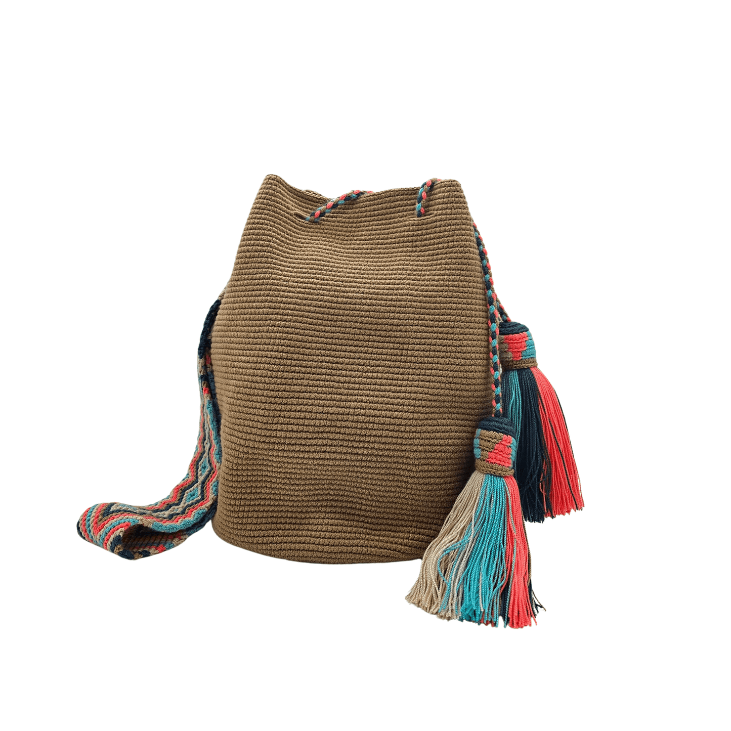 Handwoven Wayuu bag in earthy brown with a vibrant multicolor strap and tassels in shades of turquoise, red, and beige. A unique artisan piece from Colombia.