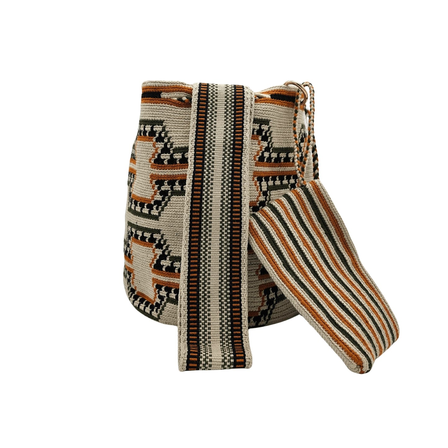 A handmade Wayuu mochila bag featuring a geometric pattern in beige, black, burnt orange, and olive green. The bag has a woven shoulder strap with matching striped details and a drawstring closure adorned with large, multicolored tassels.