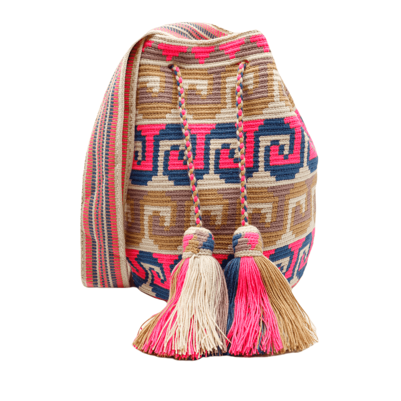 Shop the stylish Camilla Wayuu Bag featuring shades of beige, blue, and pink. This bag is the perfect everyday companion, providing ample space to carry all your essentials with ease and in fashionable style.