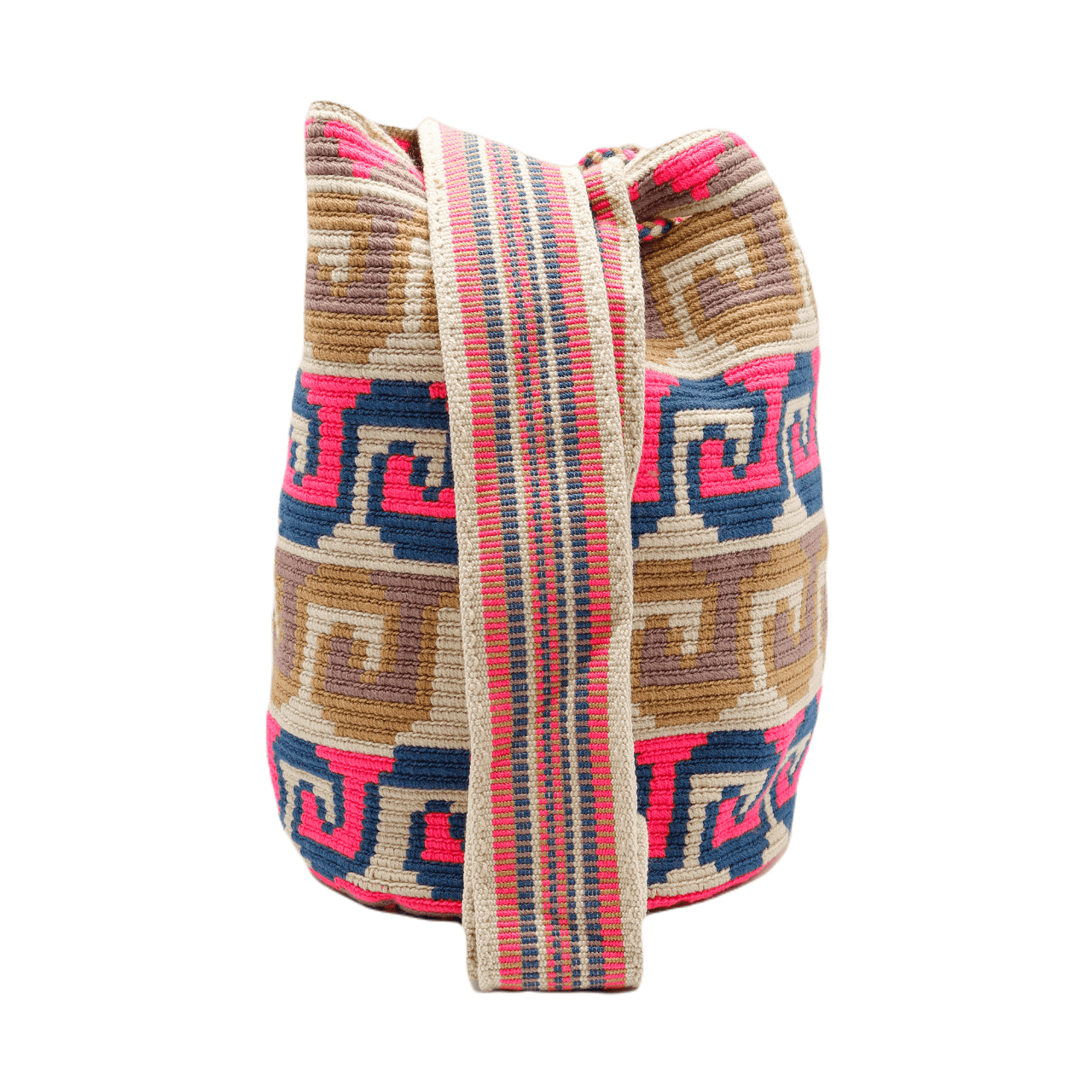 Shop the stylish Camilla Wayuu Bag featuring shades of beige, blue, and pink. This bag is the perfect everyday companion, providing ample space to carry all your essentials with ease and in fashionable style.