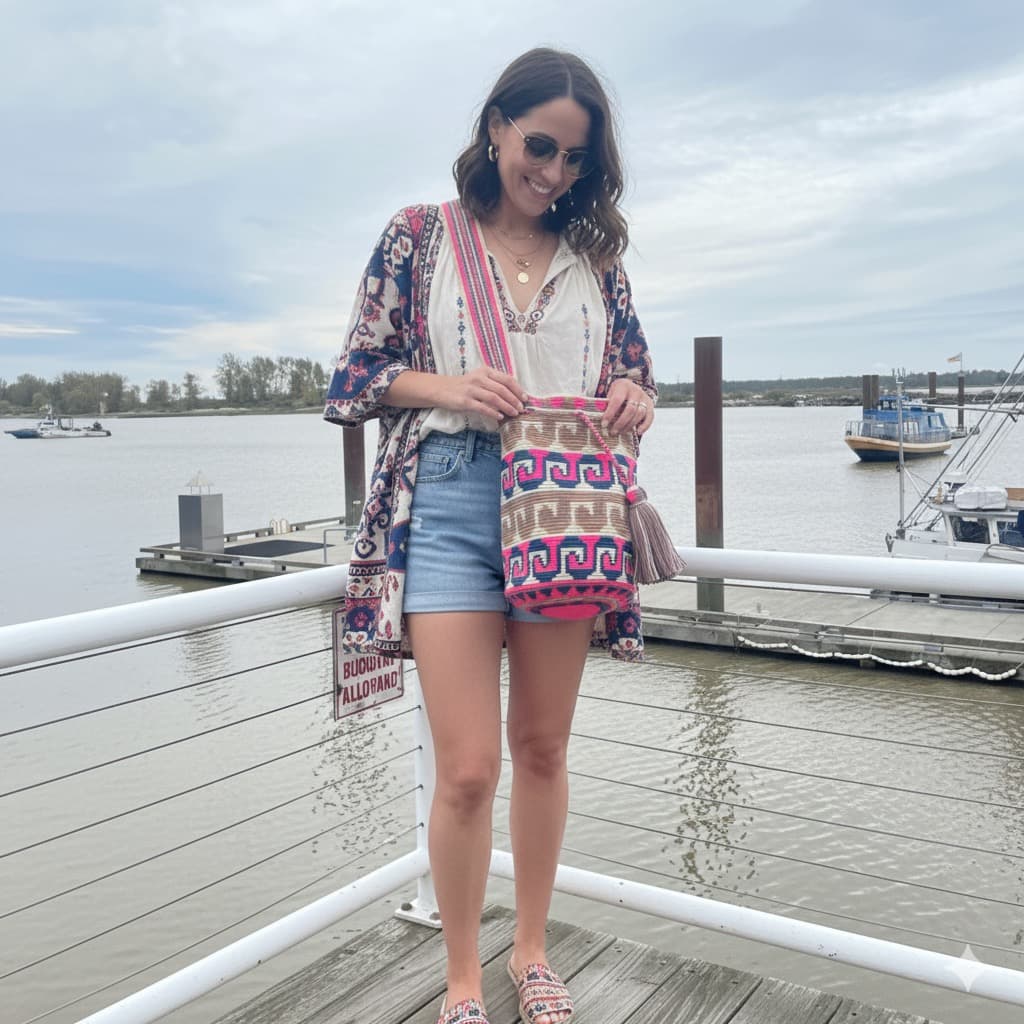 Shop the stylish Camilla Wayuu Bag featuring shades of beige, blue, and pink. This bag is the perfect everyday companion, providing ample space to carry all your essentials with ease and in fashionable style.