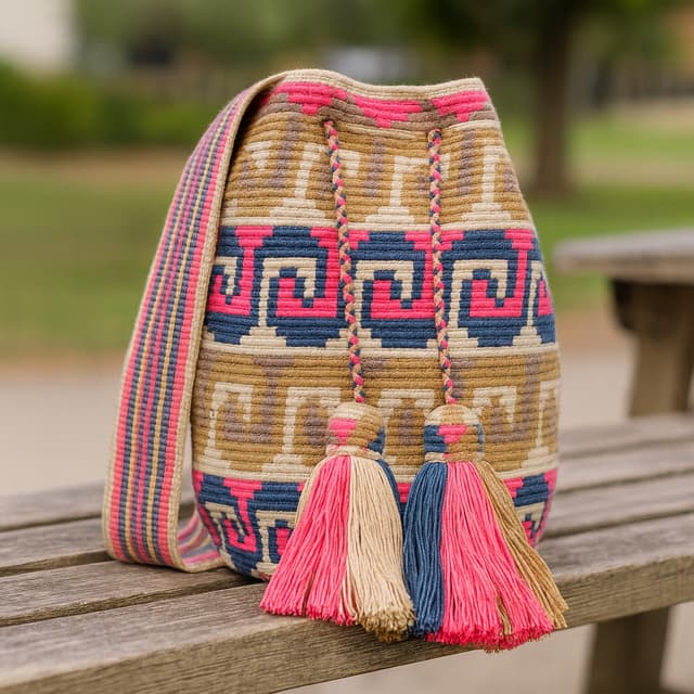Shop the stylish Camilla Wayuu Bag featuring shades of beige, blue, and pink. This bag is the perfect everyday companion, providing ample space to carry all your essentials with ease and in fashionable style.