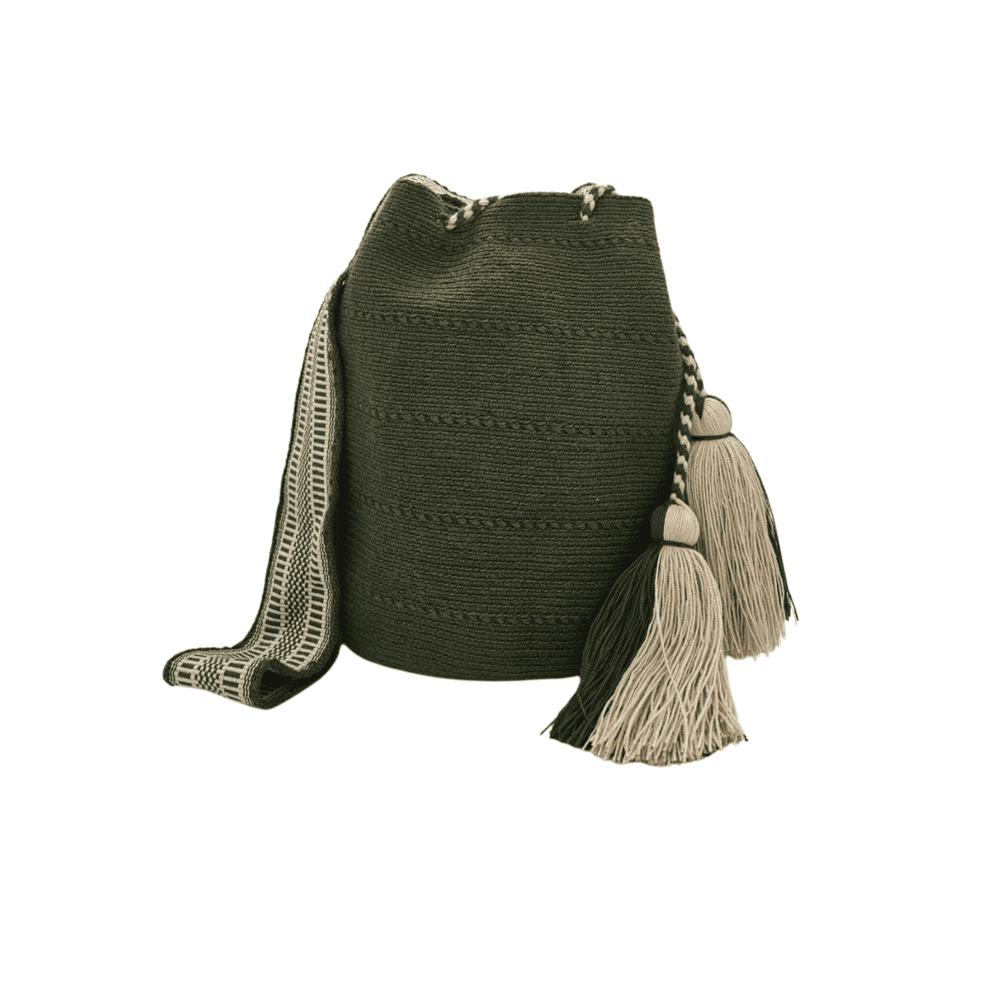 Solid green and beige Wayuu bag with geometric patterns