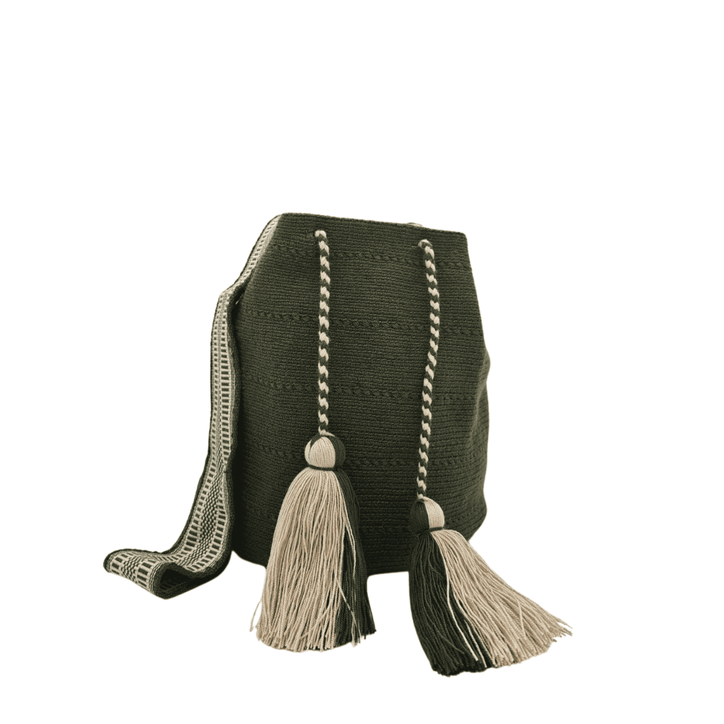 Solid green and beige Wayuu bag with geometric patterns