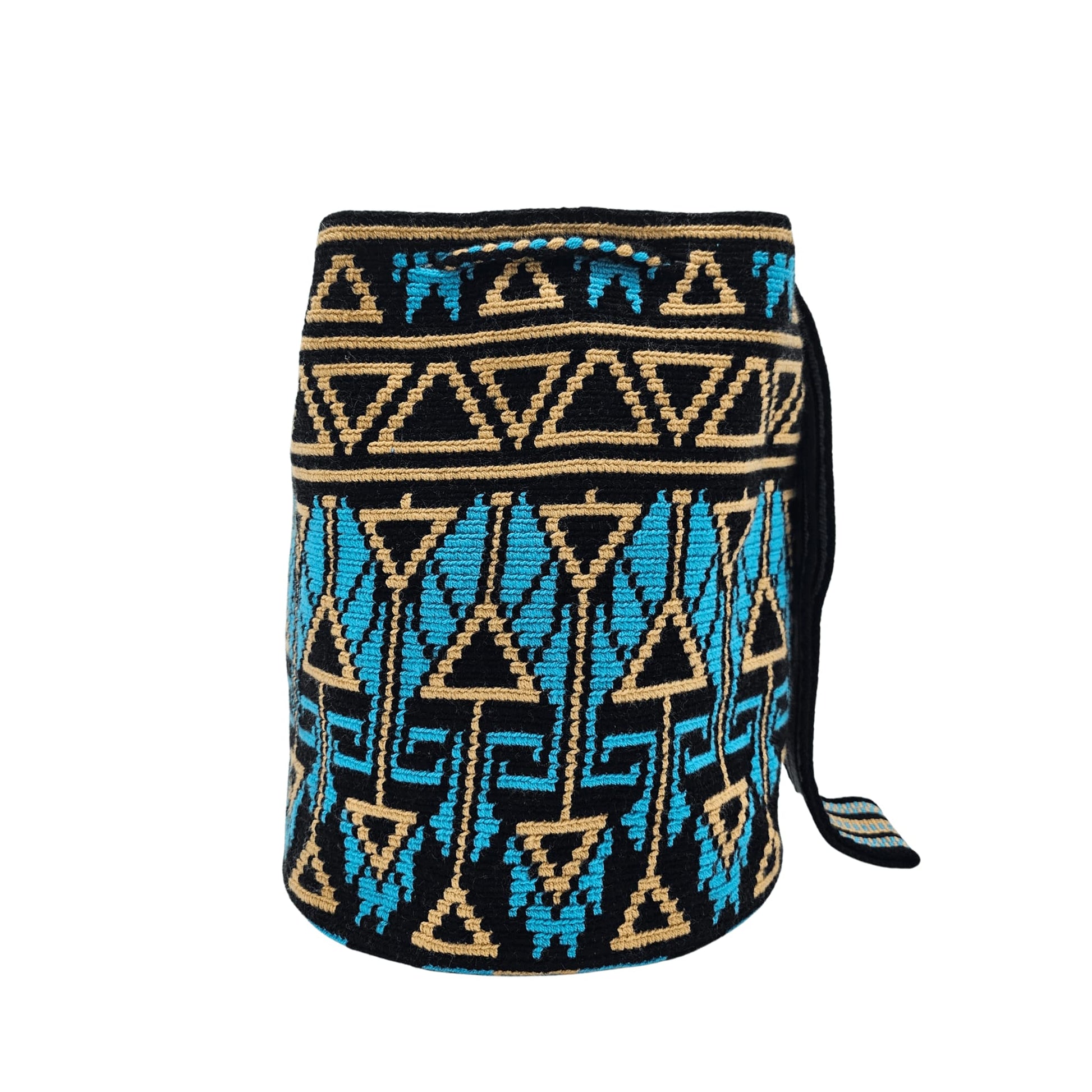 Handwoven Wayuu bag in black, blue, and beige with intricate geometric patterns. Features a matching small pouch for essentials, tassel details, and a sturdy strap.