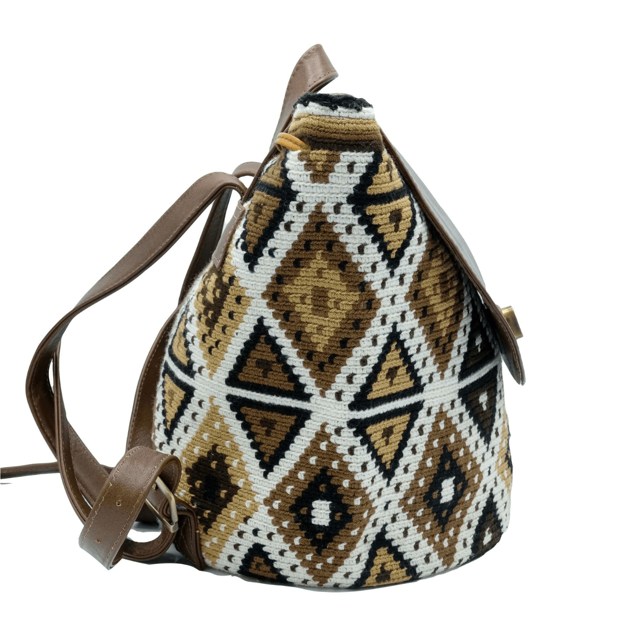 Cienaga backpack showcasing a distinctive Wayuu pattern on the body, accentuated by rich brown genuine leather details. The unique Wayuu designs are presented in an elegant blend of beige, brown, and black shades.