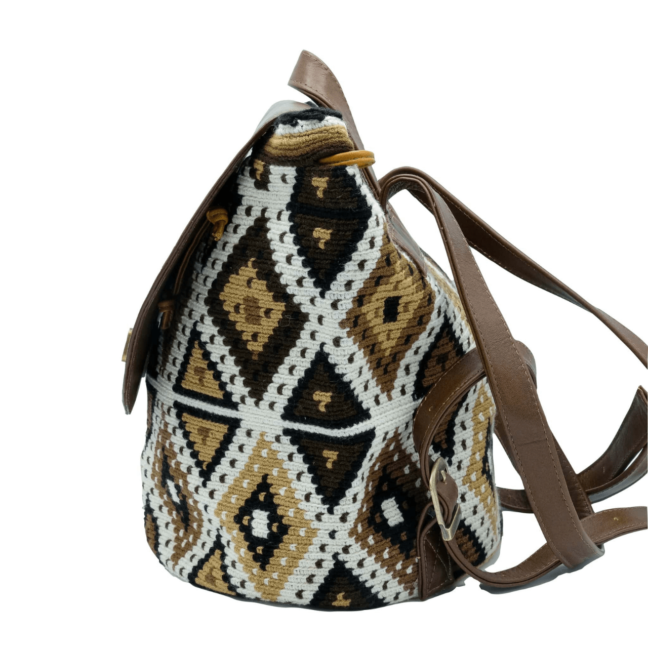 Cienaga backpack showcasing a distinctive Wayuu pattern on the body, accentuated by rich brown genuine leather details. The unique Wayuu designs are presented in an elegant blend of beige, brown, and black shades.