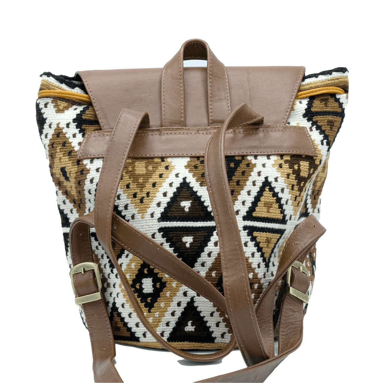Cienaga backpack showcasing a distinctive Wayuu pattern on the body, accentuated by rich brown genuine leather details. The unique Wayuu designs are presented in an elegant blend of beige, brown, and black shades.