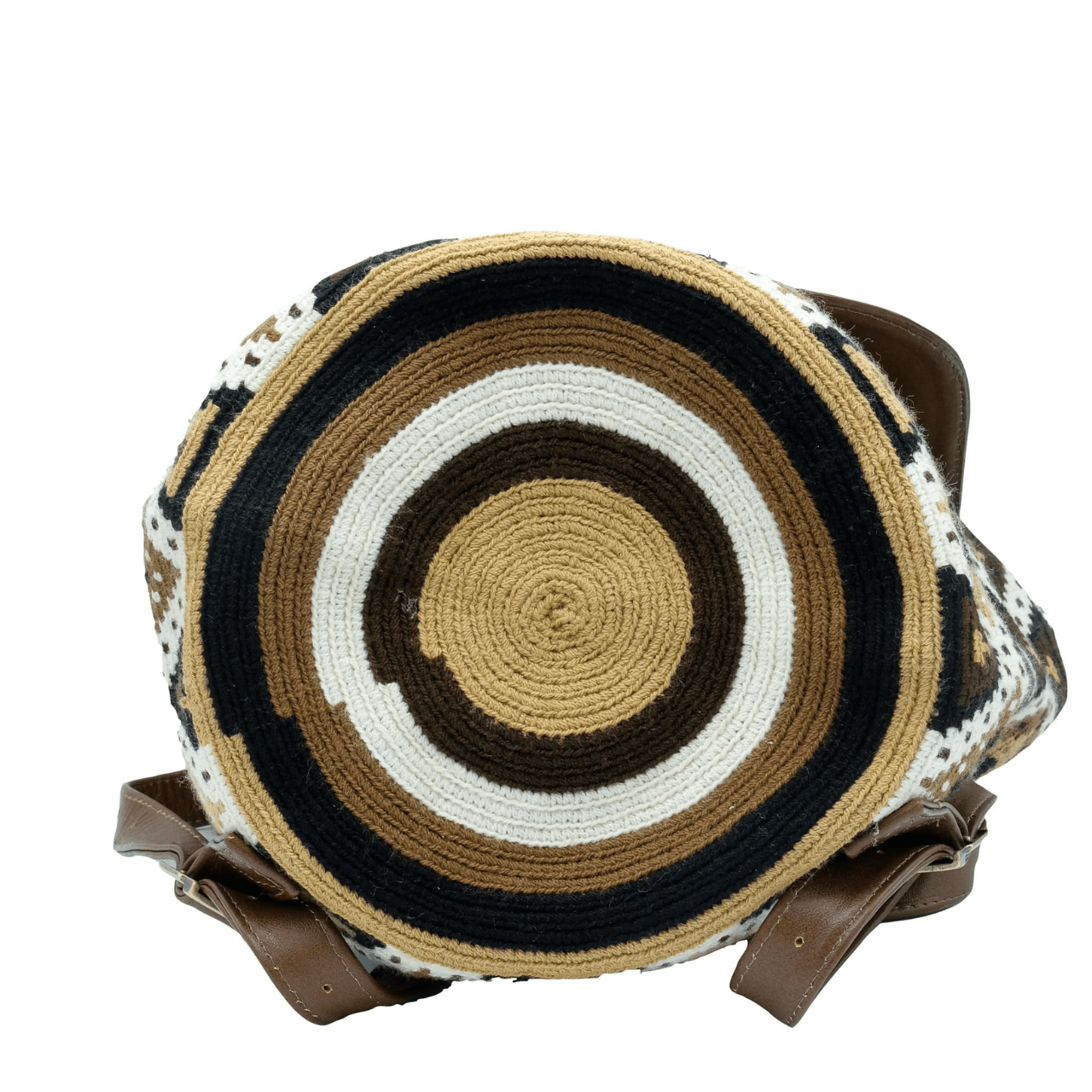 Cienaga backpack showcasing a distinctive Wayuu pattern on the body, accentuated by rich brown genuine leather details. The unique Wayuu designs are presented in an elegant blend of beige, brown, and black shades.