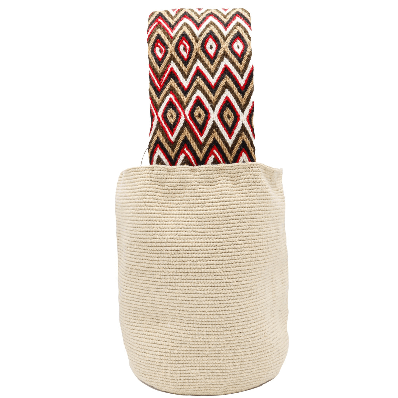 Solid beige Ece crochet bucket bag with a stunning wide strap in vibrant red, black, and beige hues, adding an elegant touch to the design.