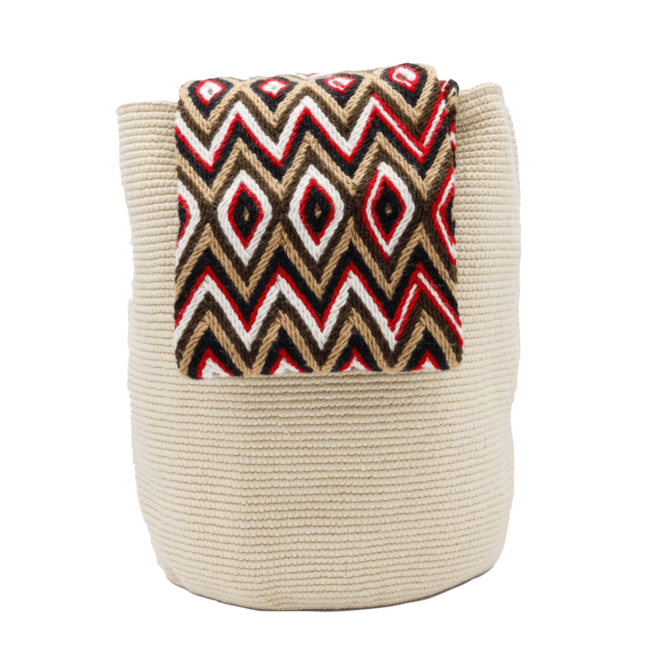 Solid beige Ece crochet bucket bag with a stunning wide strap in vibrant red, black, and beige hues, adding an elegant touch to the design.
