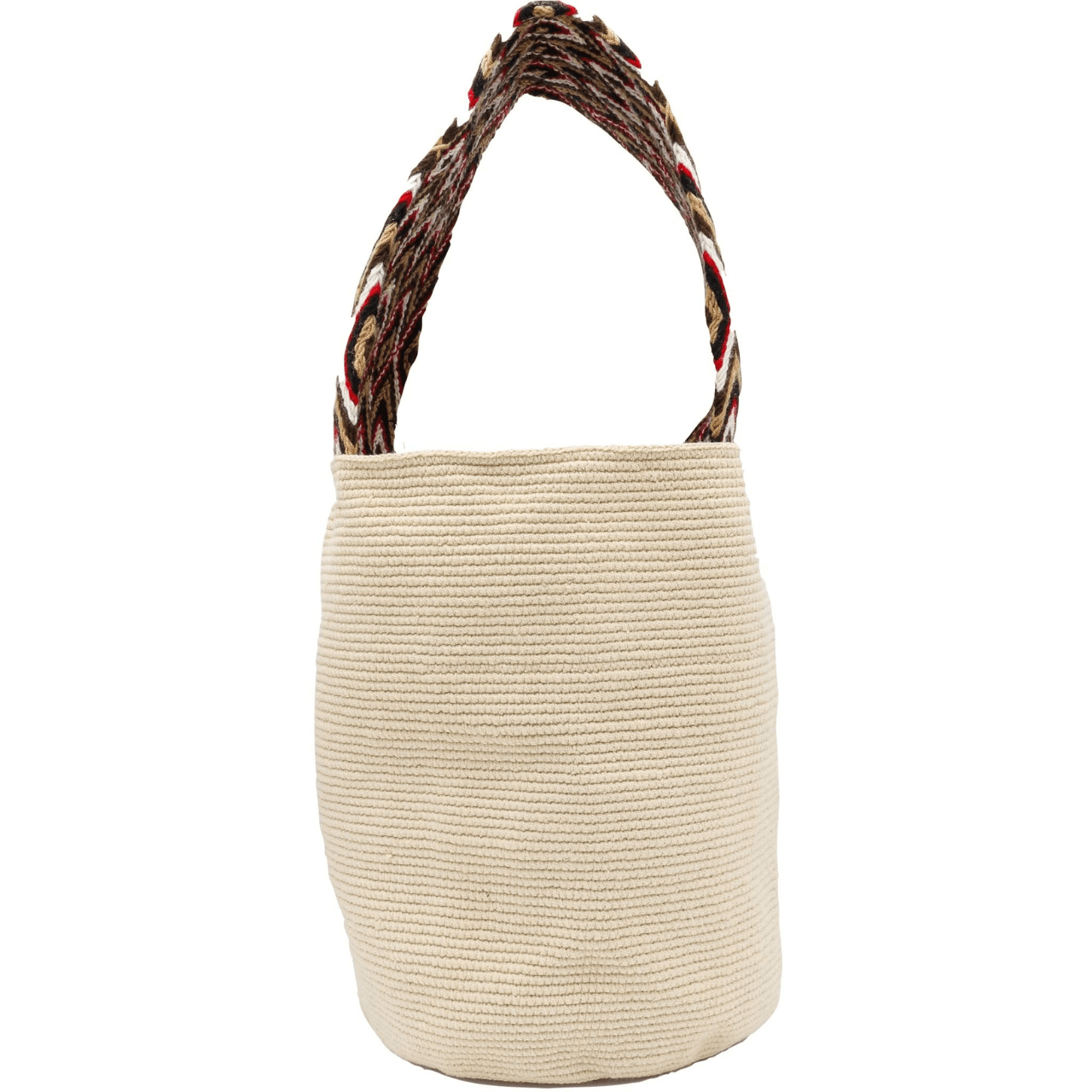 Solid beige Ece crochet bucket bag with a stunning wide strap in vibrant red, black, and beige hues, adding an elegant touch to the design.
