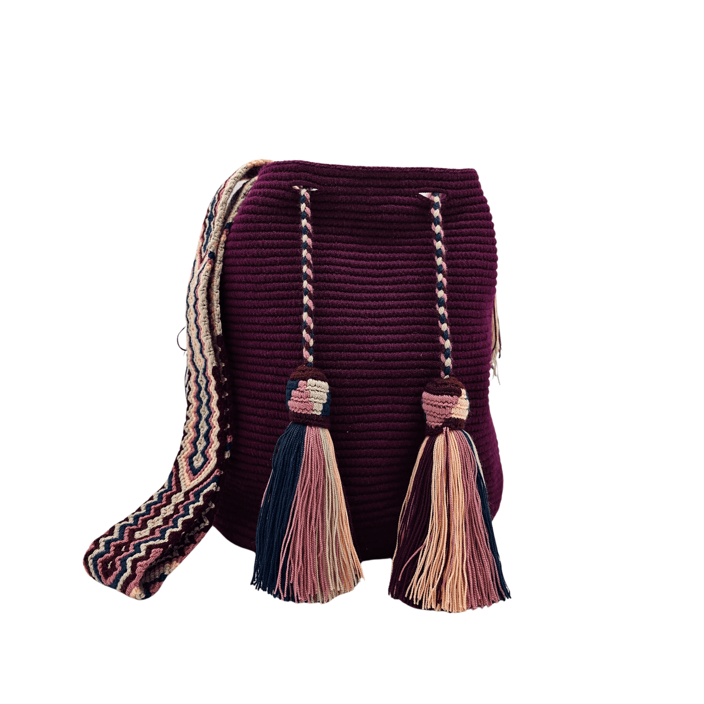 Handmade Wayuu bag in rich wine color with intricate woven details. Features a braided drawstring with multicolor tassels and a patterned strap in pink, navy, and beige.