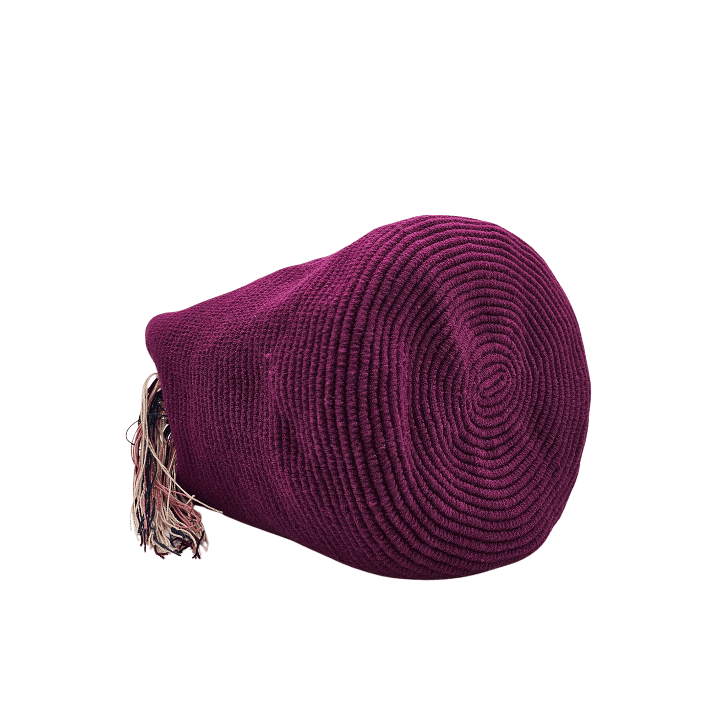Handmade Wayuu bag in rich wine color with intricate woven details. Features a braided drawstring with multicolor tassels and a patterned strap in pink, navy, and beige.