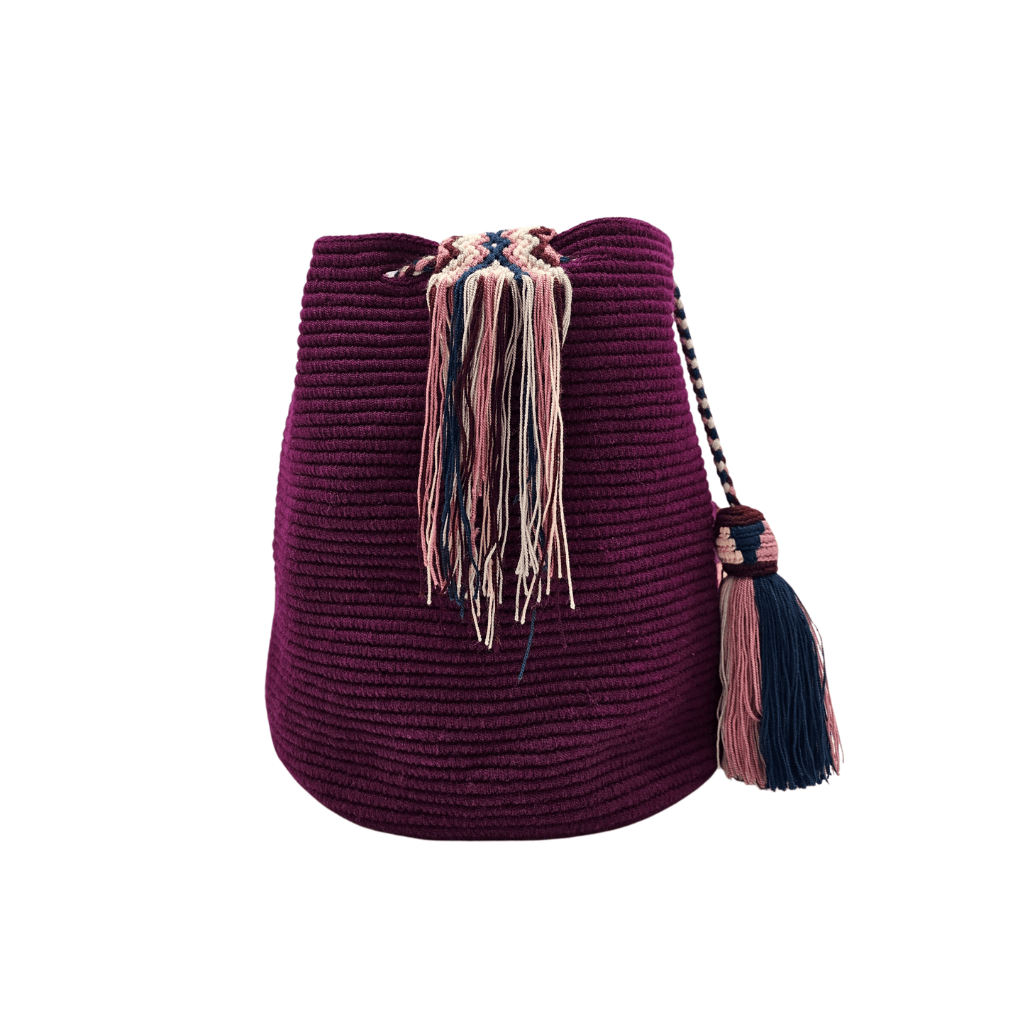 Handmade Wayuu bag in rich wine color with intricate woven details. Features a braided drawstring with multicolor tassels and a patterned strap in pink, navy, and beige.