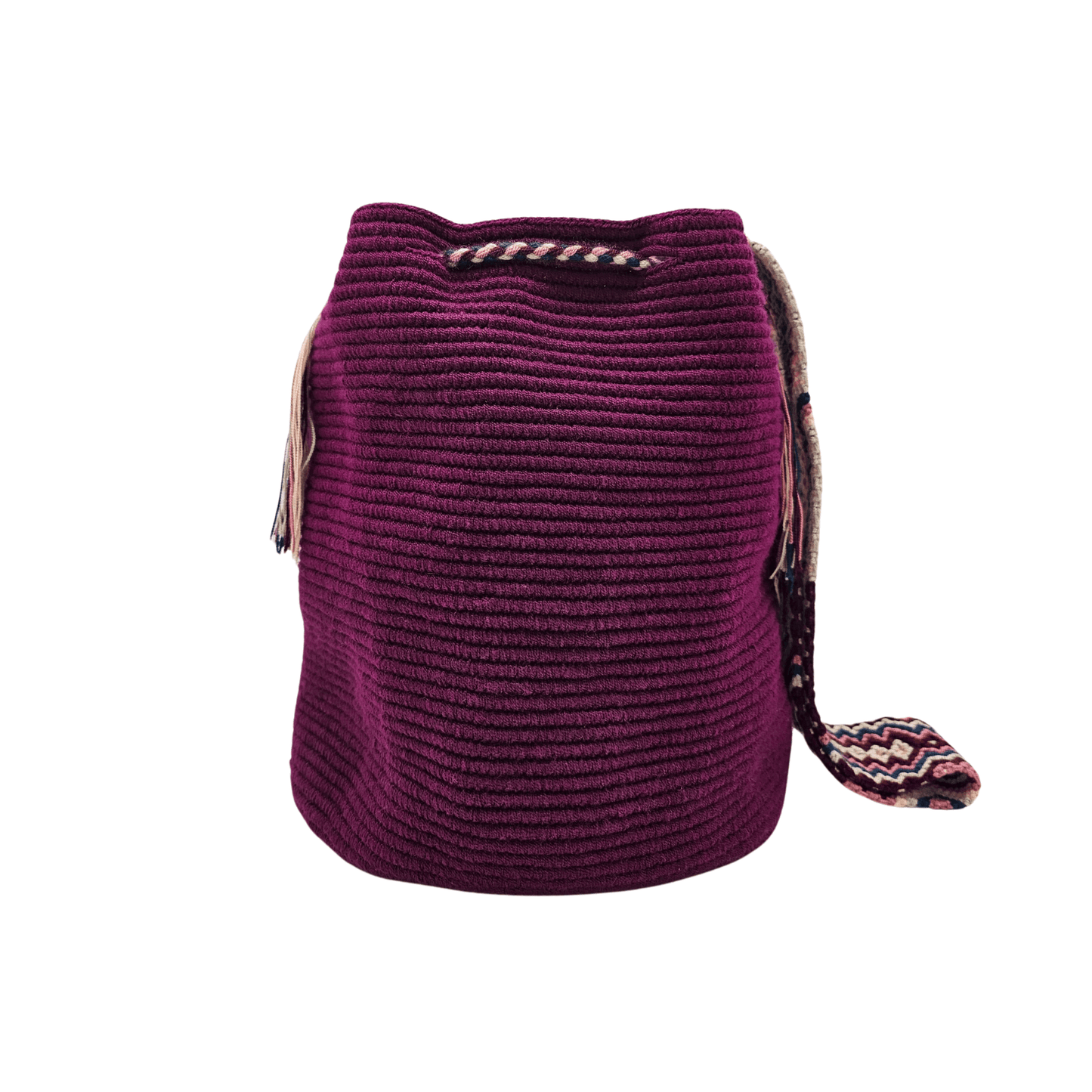 Handmade Wayuu bag in rich wine color with intricate woven details. Features a braided drawstring with multicolor tassels and a patterned strap in pink, navy, and beige.