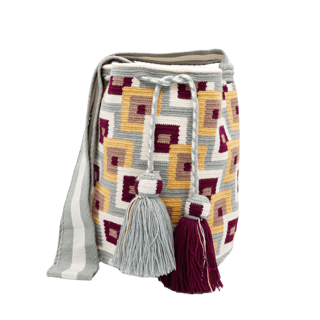 Discover the enchanting Dawn Wayuu Mochila Bag featuring shades of gray, vanilla, burgundy, and dusty pink. This bag boasts a modern design and a truly unique combination of colors, making it a standout accessory.