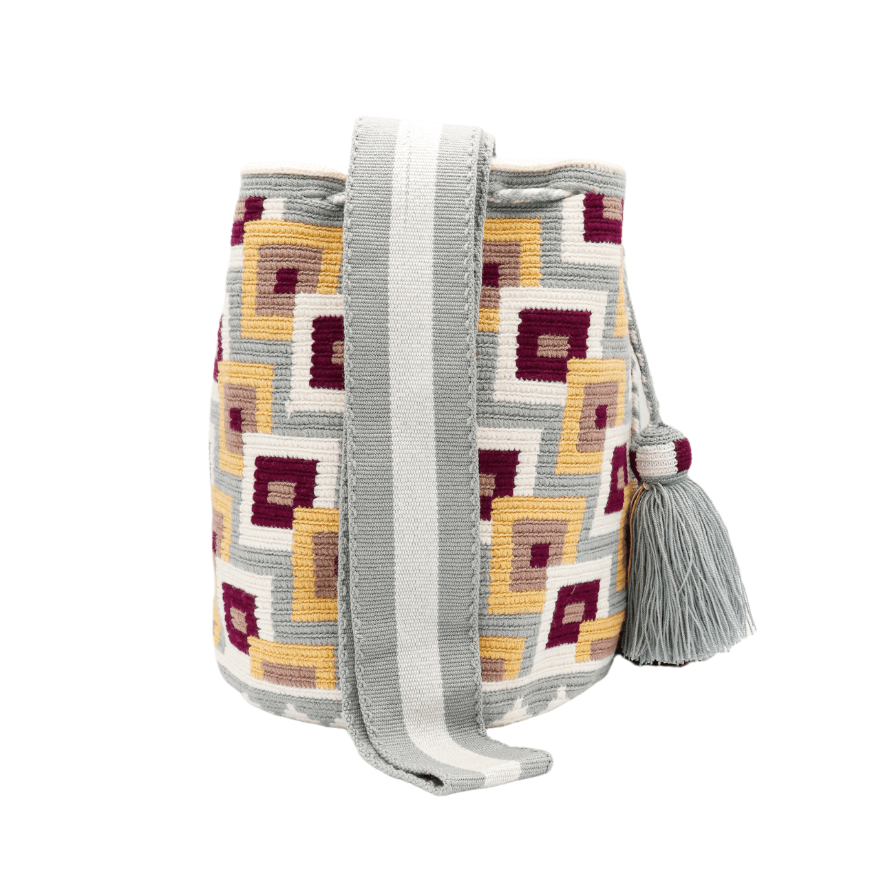 Discover the enchanting Dawn Wayuu Mochila Bag featuring shades of gray, vanilla, burgundy, and dusty pink. This bag boasts a modern design and a truly unique combination of colors, making it a standout accessory.