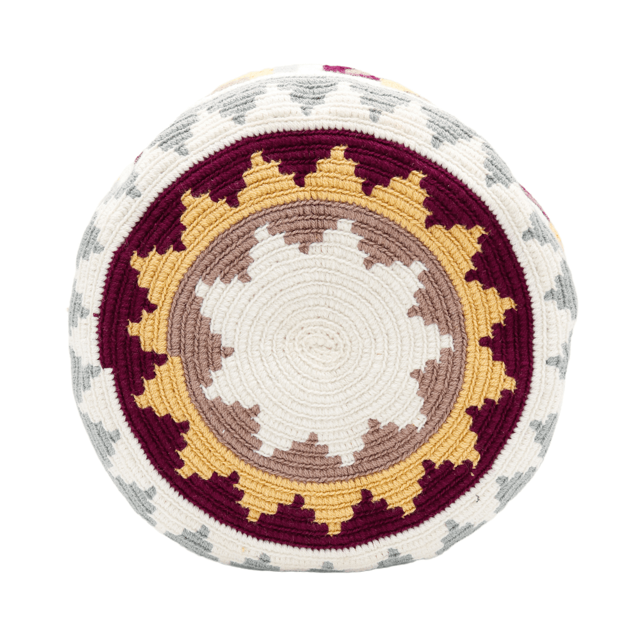 Discover the enchanting Dawn Wayuu Mochila Bag featuring shades of gray, vanilla, burgundy, and dusty pink. This bag boasts a modern design and a truly unique combination of colors, making it a standout accessory.