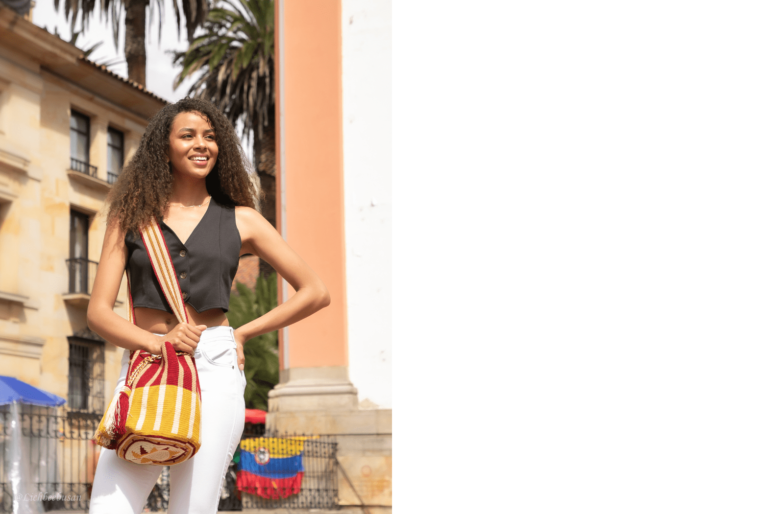 Handmade Wayuu bag with lines in beige, red and yellow colors