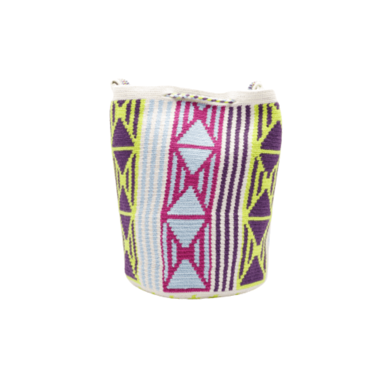 Emilia Wayuu Mochila- Stunning Blend of Plum, Blue, Moss Green, and Sky Blue over a Beige Background - Discover Colombian Artistry