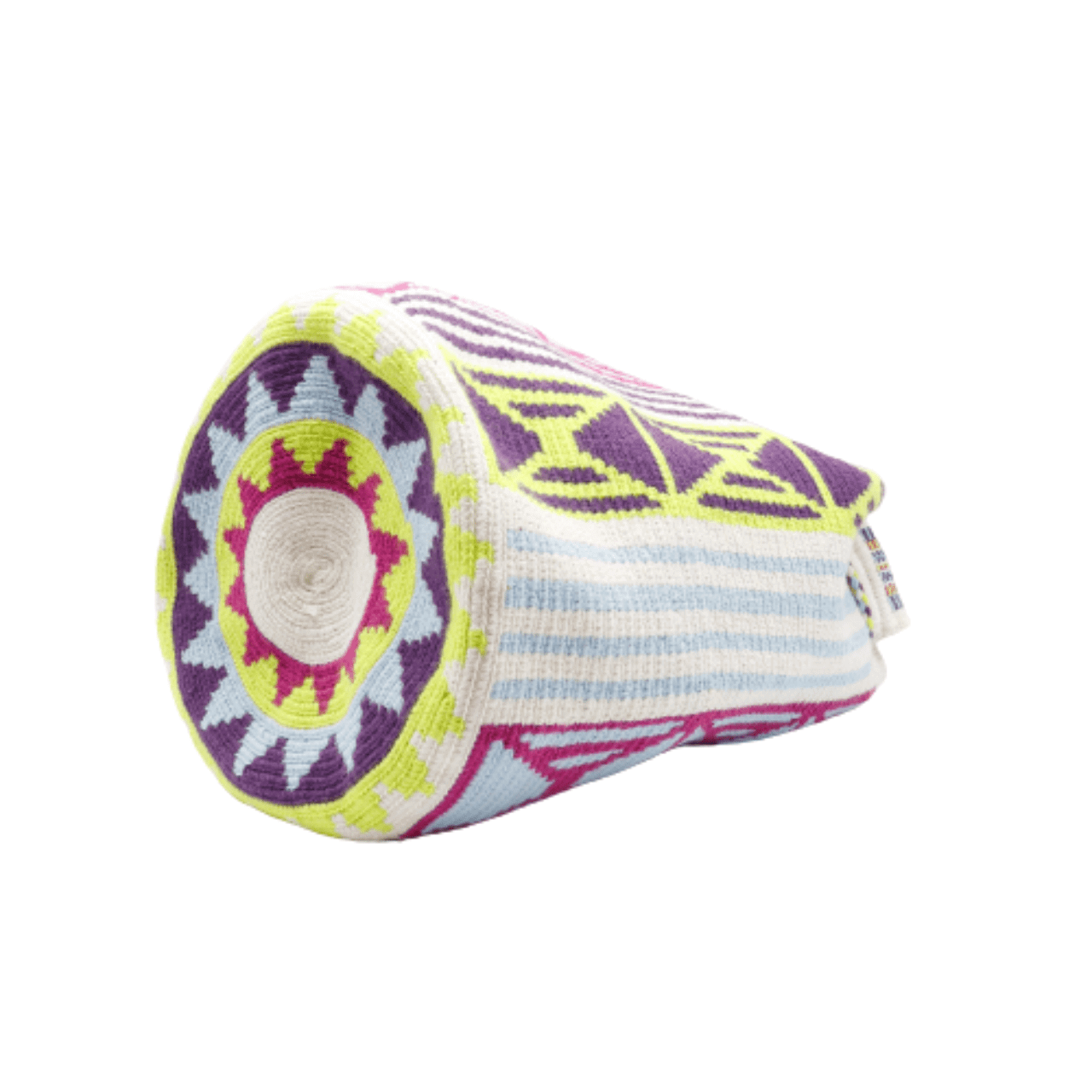 Emilia Wayuu Mochila - Stunning Blend of Plum, Blue, Moss Green, and Sky Blue over a Beige Background - Discover Colombian Artistry