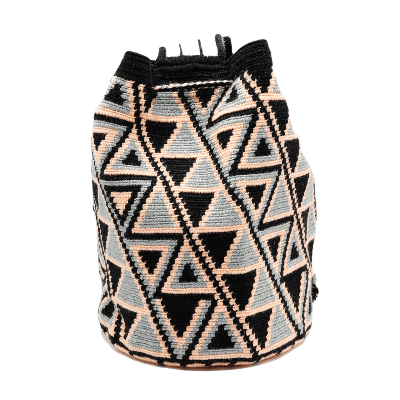 Stunning Wayuu bag in black, pink, and gray with intricate pattern, perfect for crossbody wear.