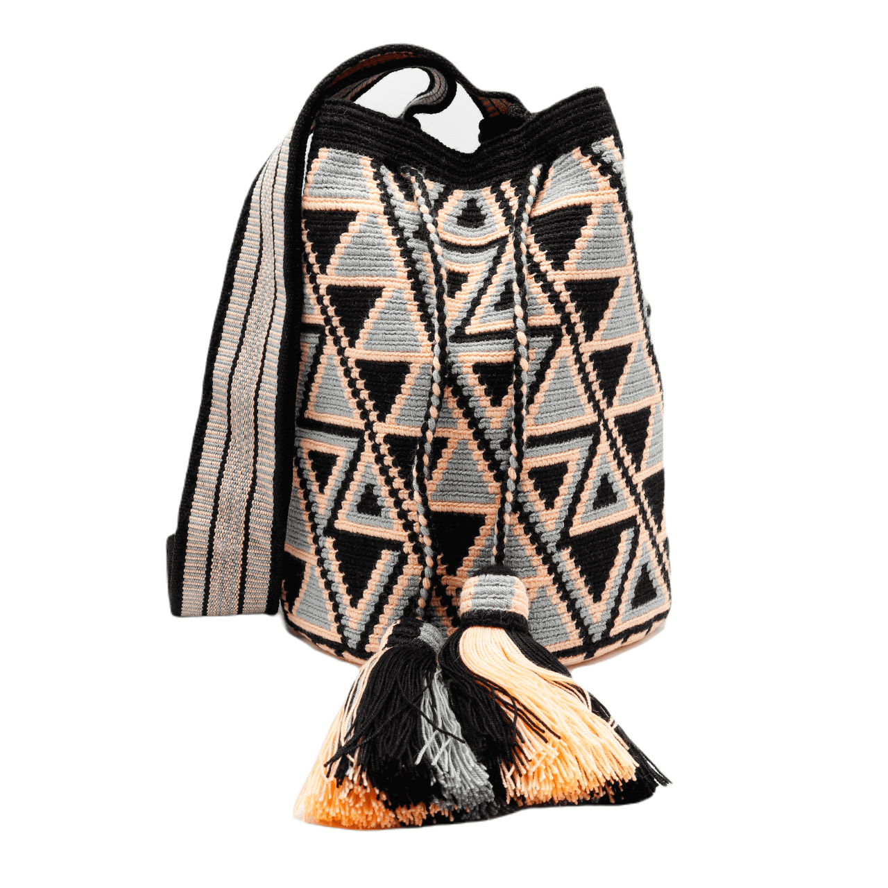 Stunning Wayuu bag in black, pink, and gray with intricate pattern, perfect for crossbody wear.