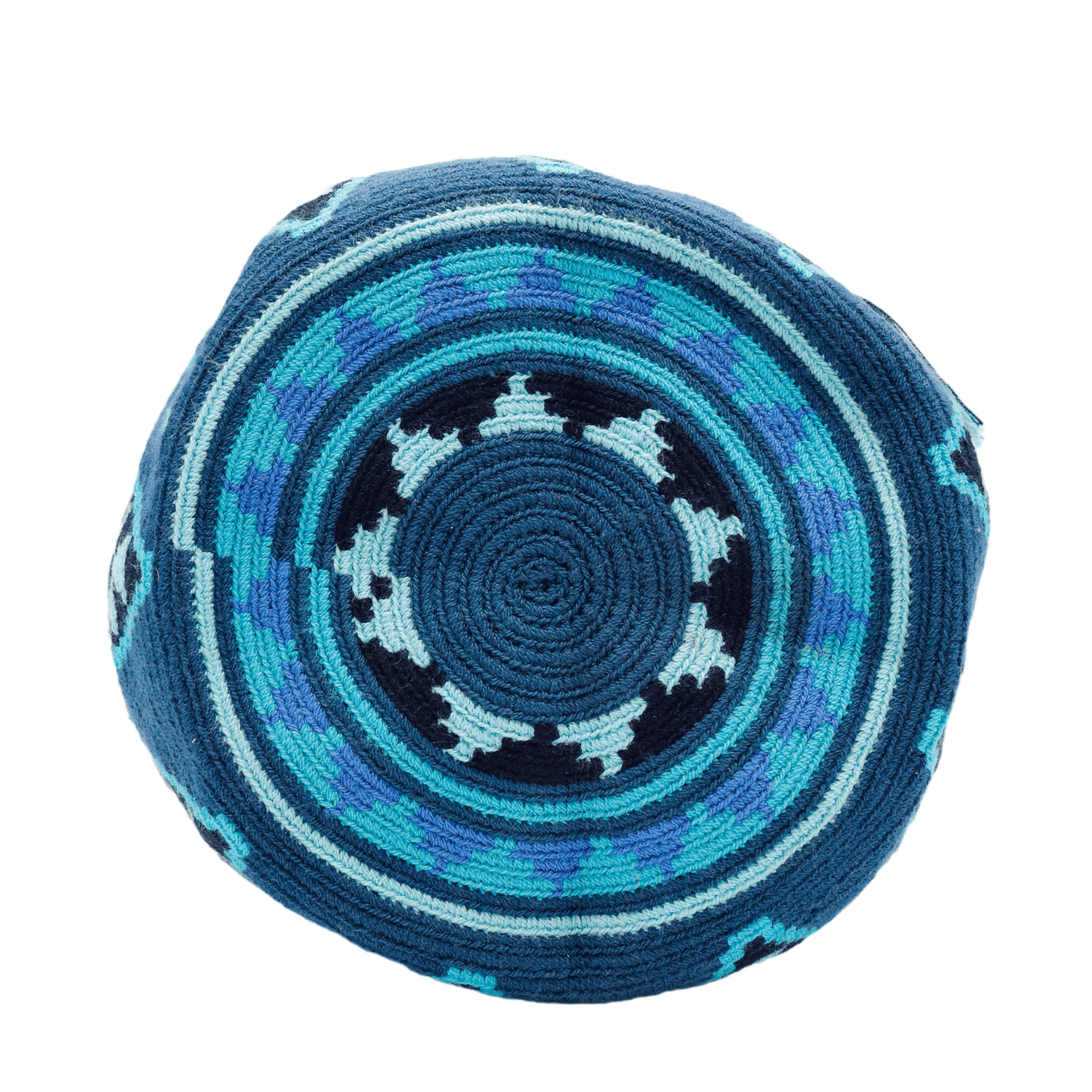 Flora Wayuu bags showcasing a range of blue shades and distinctive diamond patterns.