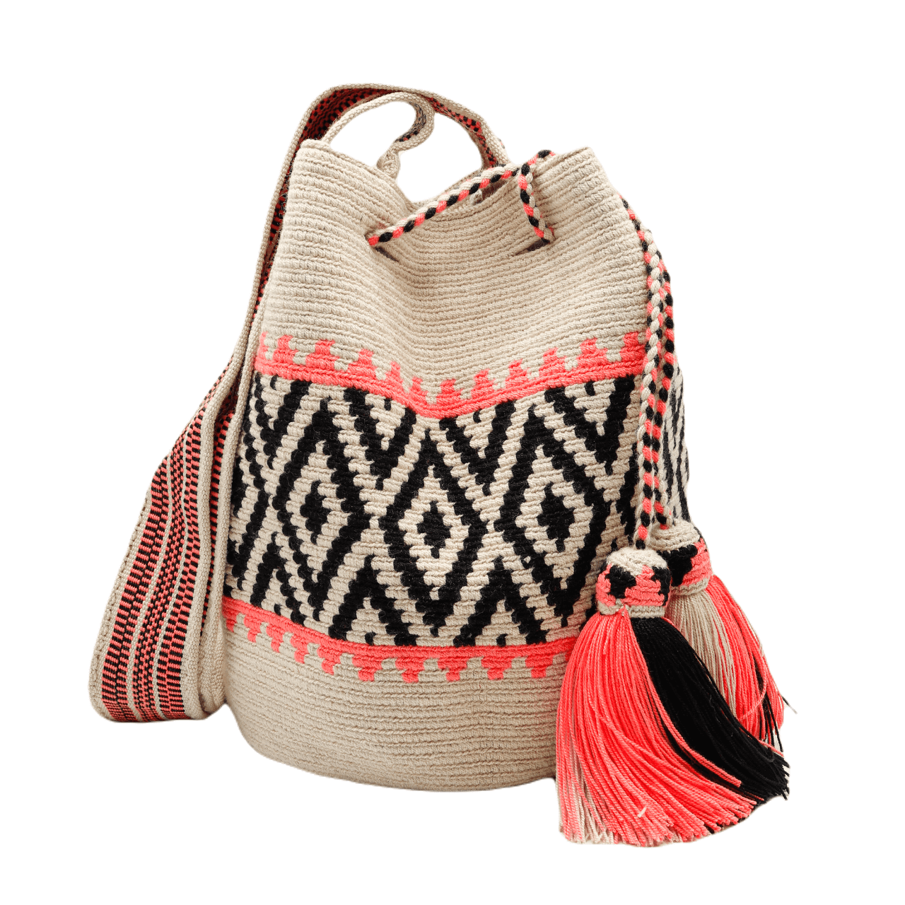 Handmade Gaby Wayuu Bag in Beige, Black, and Pink Shades