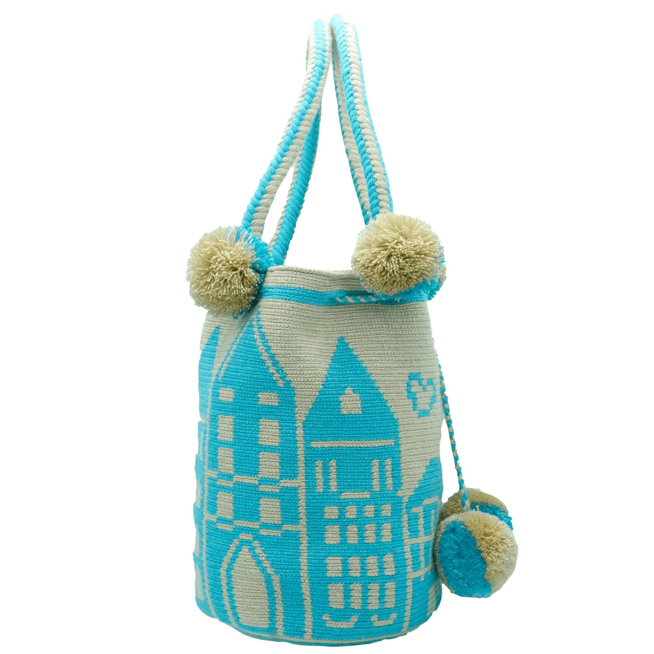 Gala Crochet Tote Bag - Unique Wayuu Style, Inspired by La Guajira, Colombia. Aqua and Beige Colors with Pom Poms. Handcrafted by Expert Wayuu Women Artisans. Large Size, Sturdy & Stylish.