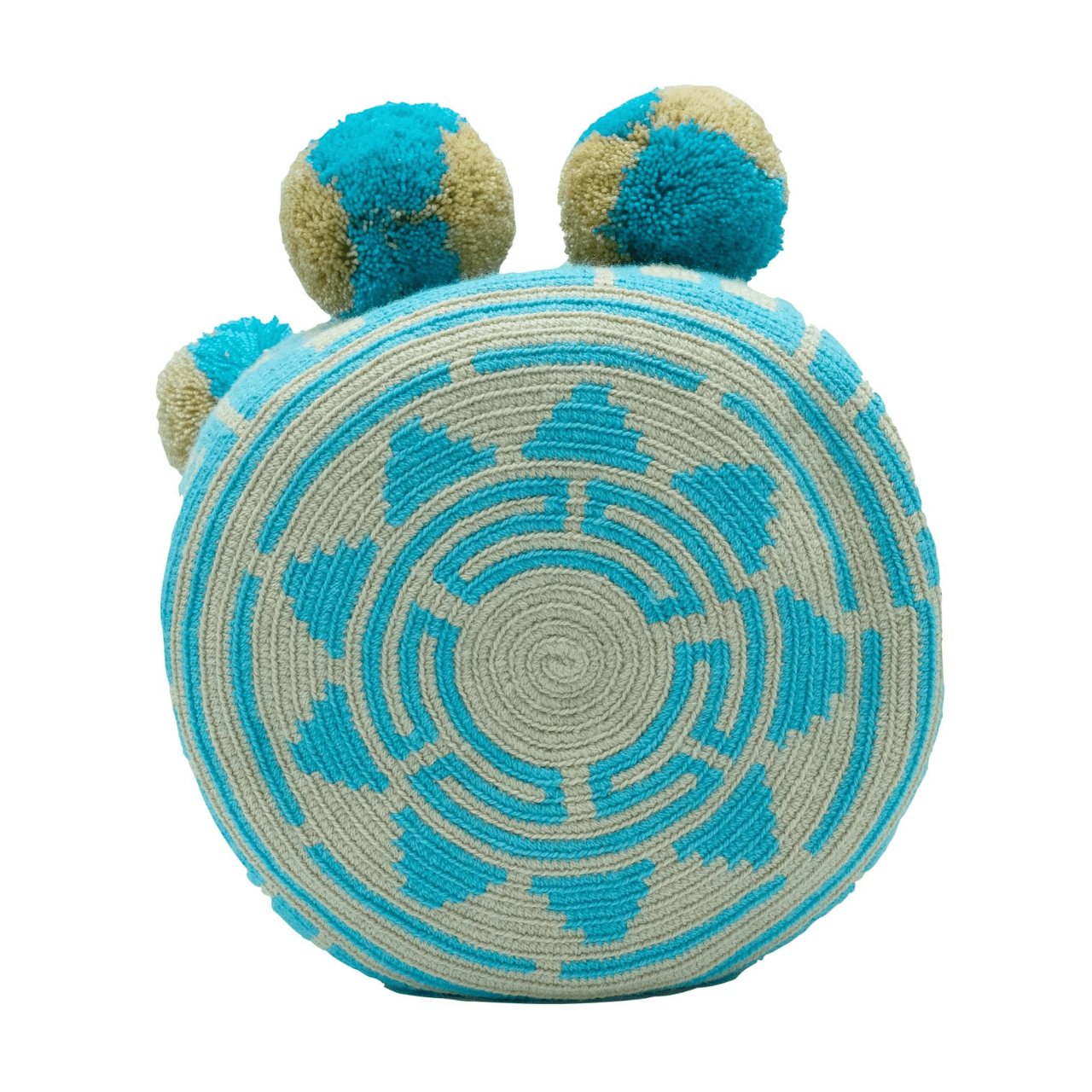Gala Crochet Tote Bag - Unique Wayuu Style, Inspired by La Guajira, Colombia. Aqua and Beige Colors with Pom Poms. Handcrafted by Expert Wayuu Women Artisans. Large Size, Sturdy & Stylish.