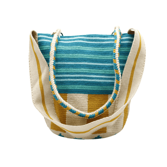 Chic and stylish crochet tote bag in mixed blues and yellows, featuring a shoulder strap and braided handle for versatility and flair.