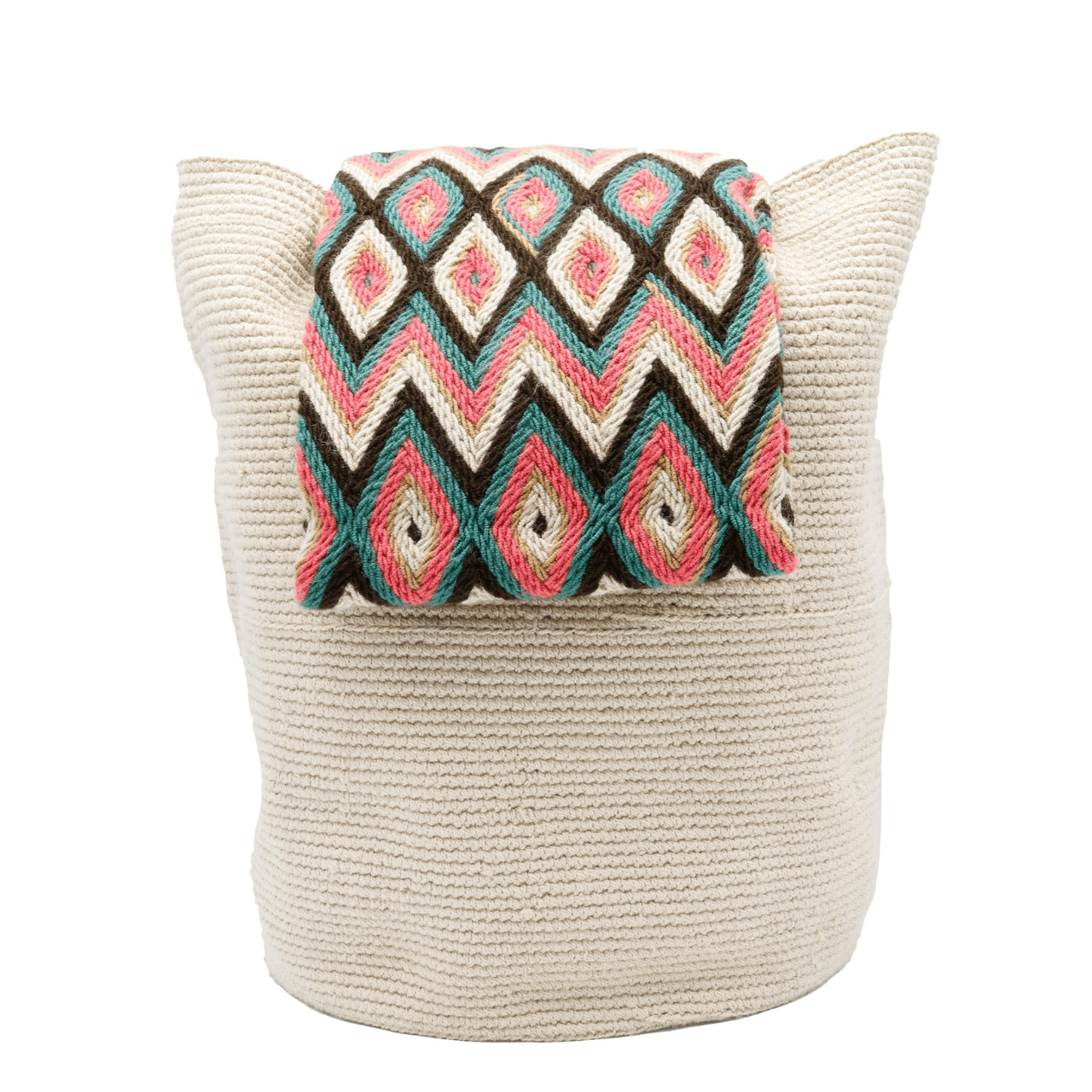 Handcrafted Hakira Crochet Bag with Short Macramé Handle and Beige Body – Uniquely Designed Crochet Bag with Distinctive Aesthetics