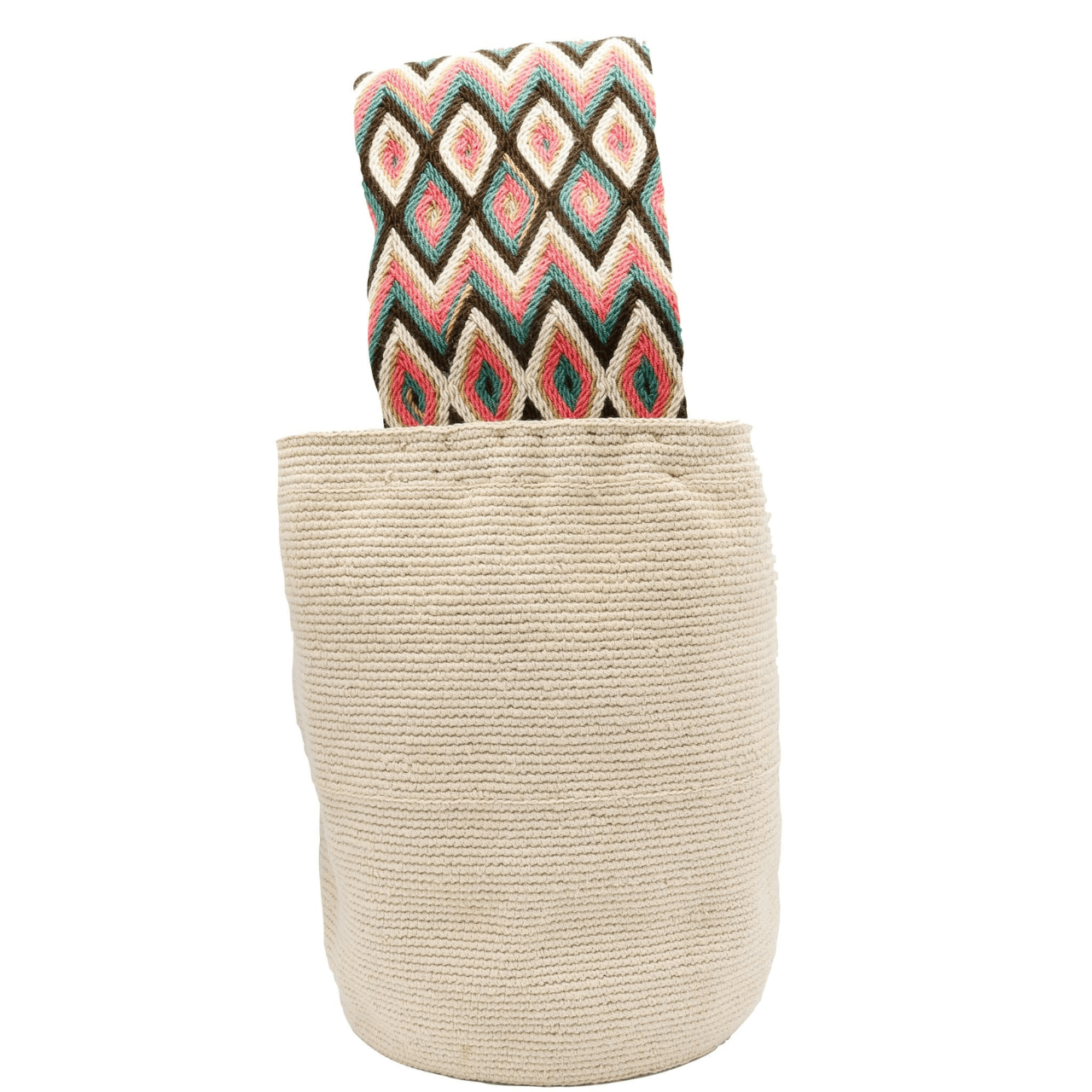 Handcrafted Hakira Crochet Bag with Short Macramé Handle and Beige Body – Uniquely Designed Crochet Bag with Distinctive Aesthetics