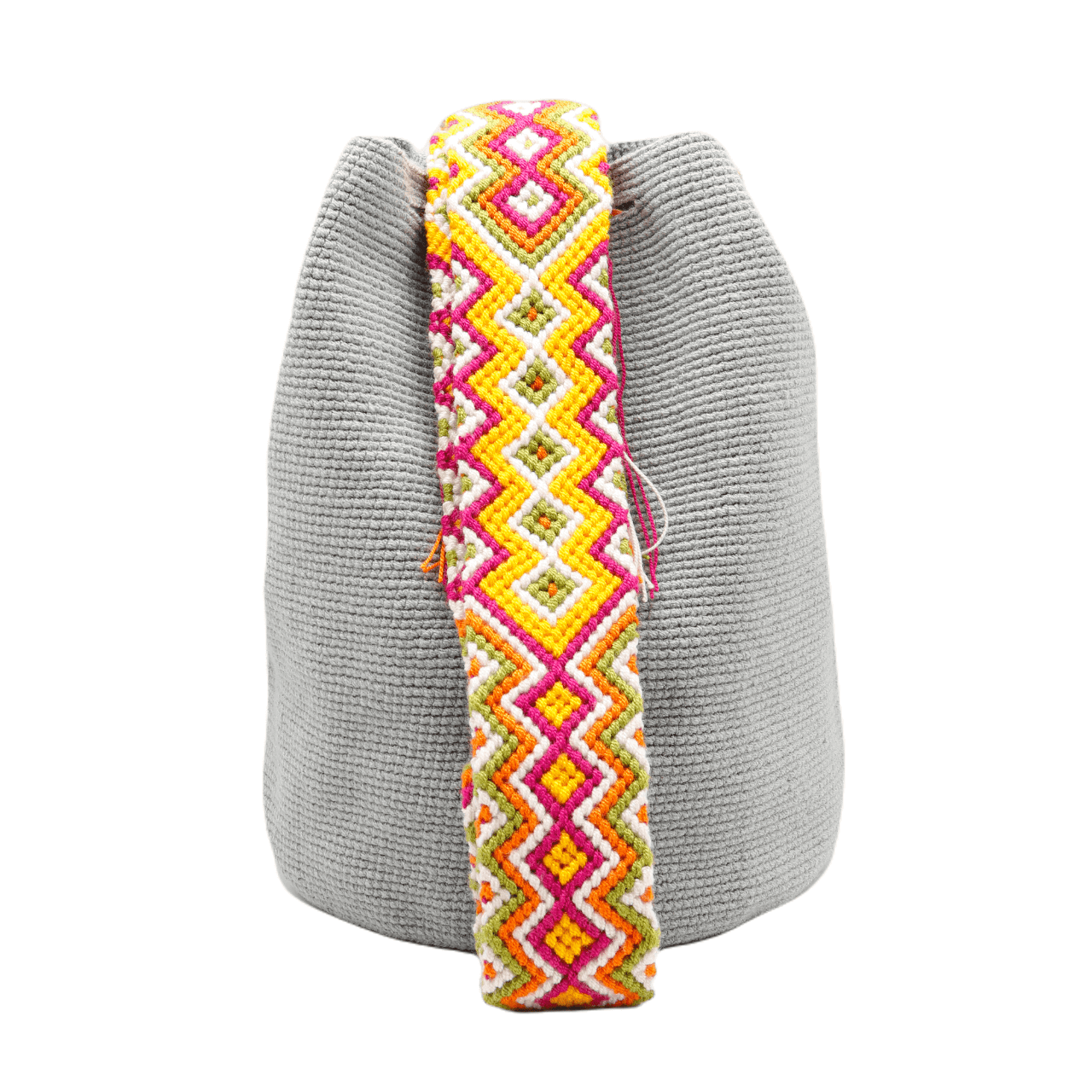 Harriet Wayuu bag in fog shade with a vibrant macrame shoulder strap, a fashionable and colorful addition to your outfit.