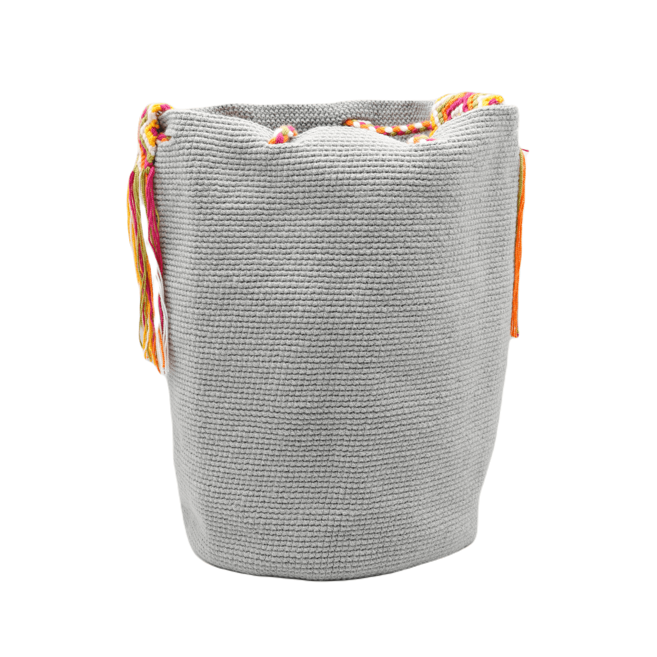 Harriet Wayuu bag in fog shade with a vibrant macrame shoulder strap, a fashionable and colorful addition to your outfit.