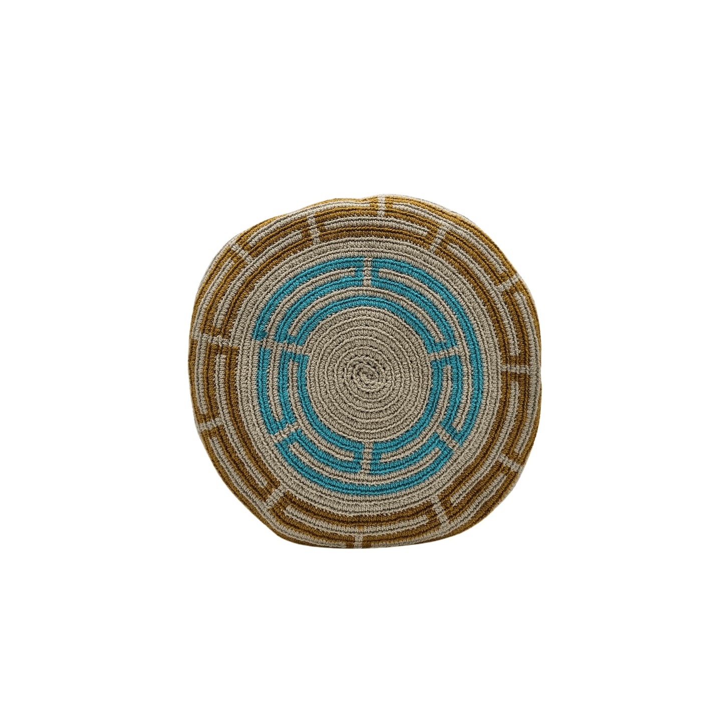 A handcrafted Wayuu bag with a vibrant striped pattern in turquoise, white, and yellow. The bag features a single long, braided black-and-white shoulder strap, a drawstring closure, and decorative tassels with a black pompoms accent.