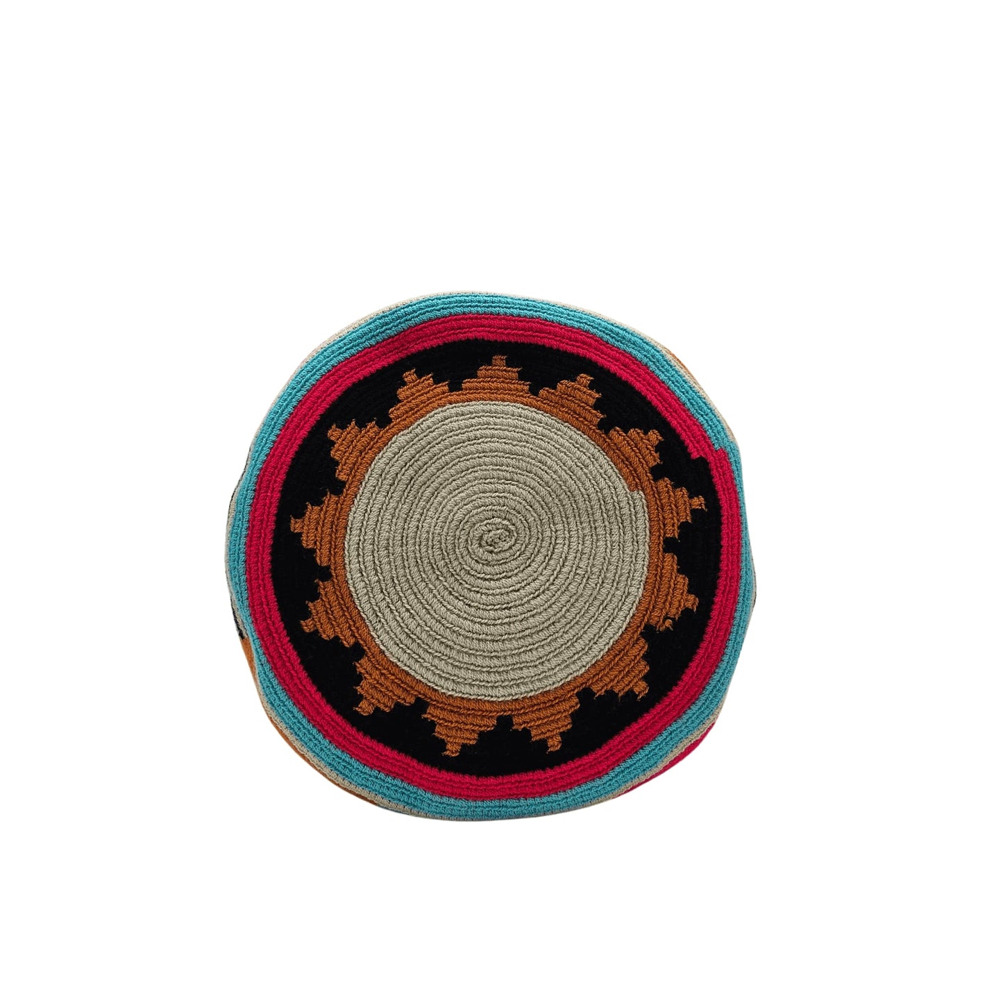 Wayuu bag with black, teal, and gold geometric pattern.