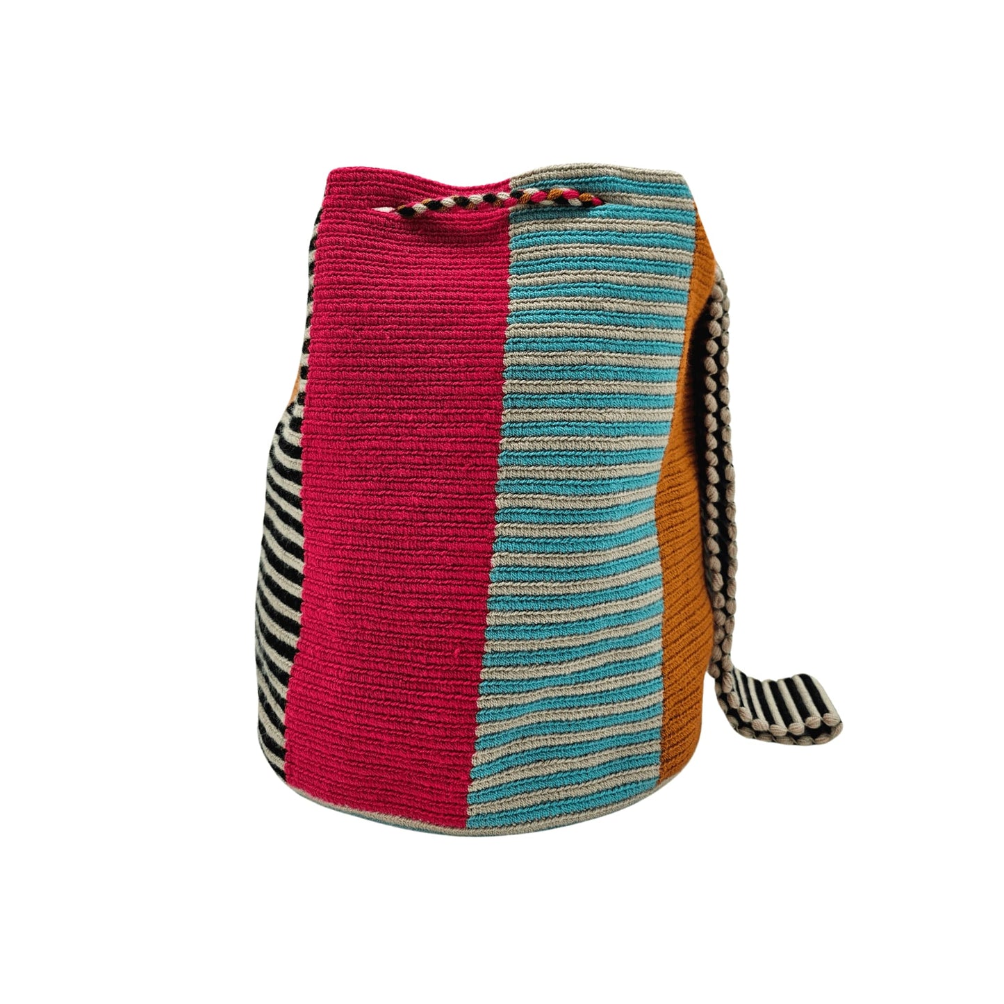 Wayuu bag with black, teal, and gold geometric pattern.