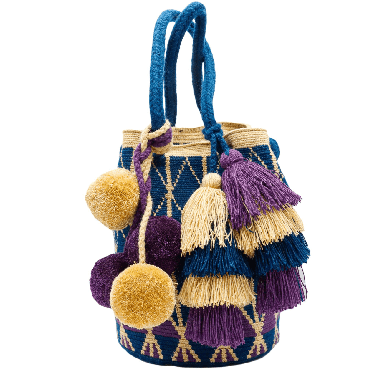 Kate Crochet Tote Bag - Large Size with Tassels & Pom Poms, Dark Ocean Blue, Plum, Beige. Unique accessory for travel and work.