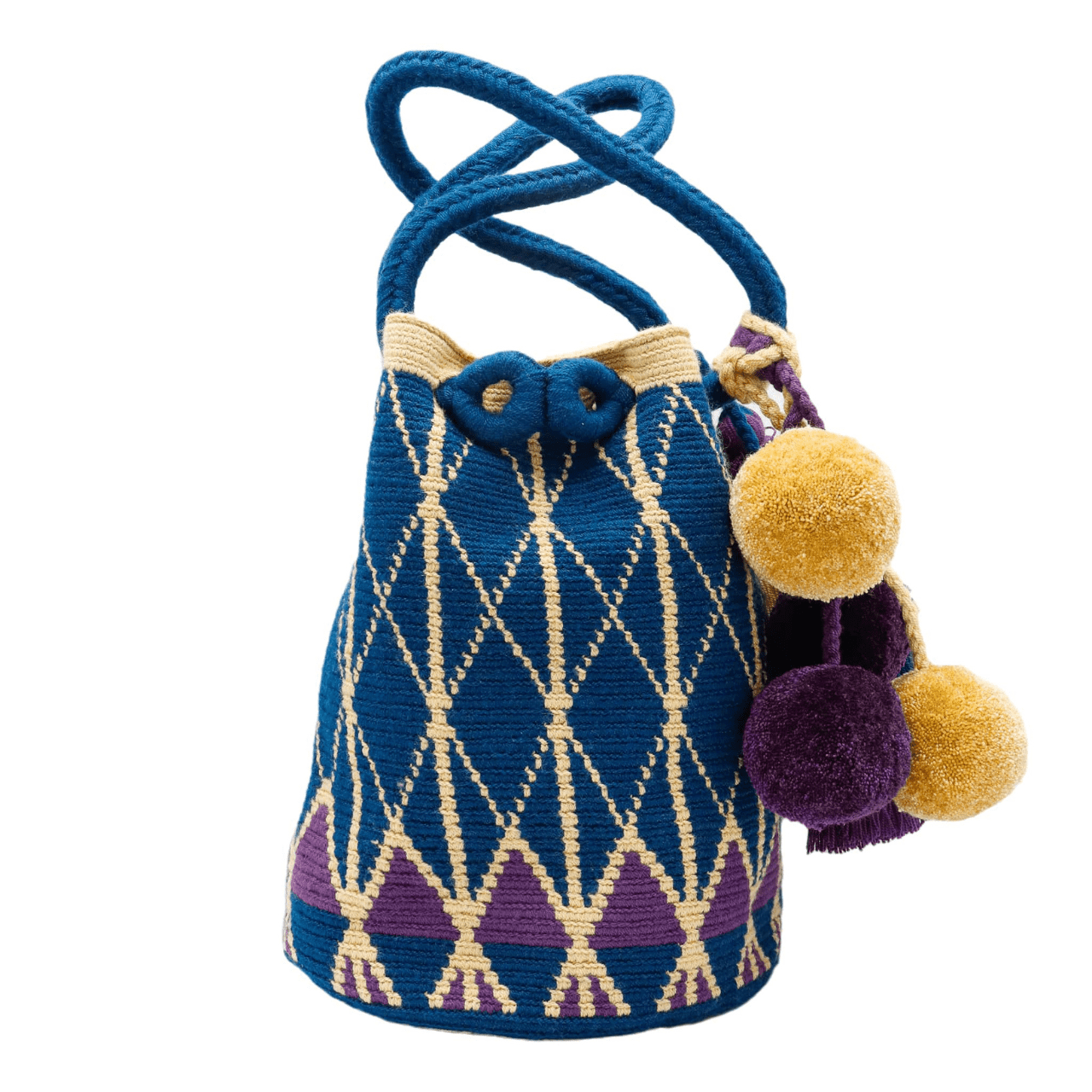 Kate Crochet Tote Bag - Large Size with Tassels & Pom Poms, Dark Ocean Blue, Plum, Beige. Unique accessory for travel and work.