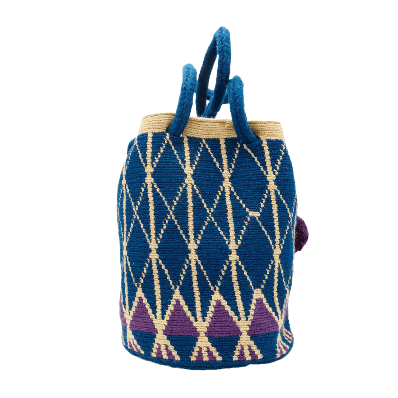 Kate Crochet Tote Bag - Large Size with Tassels & Pom Poms, Dark Ocean Blue, Plum, Beige. Unique accessory for travel and work.